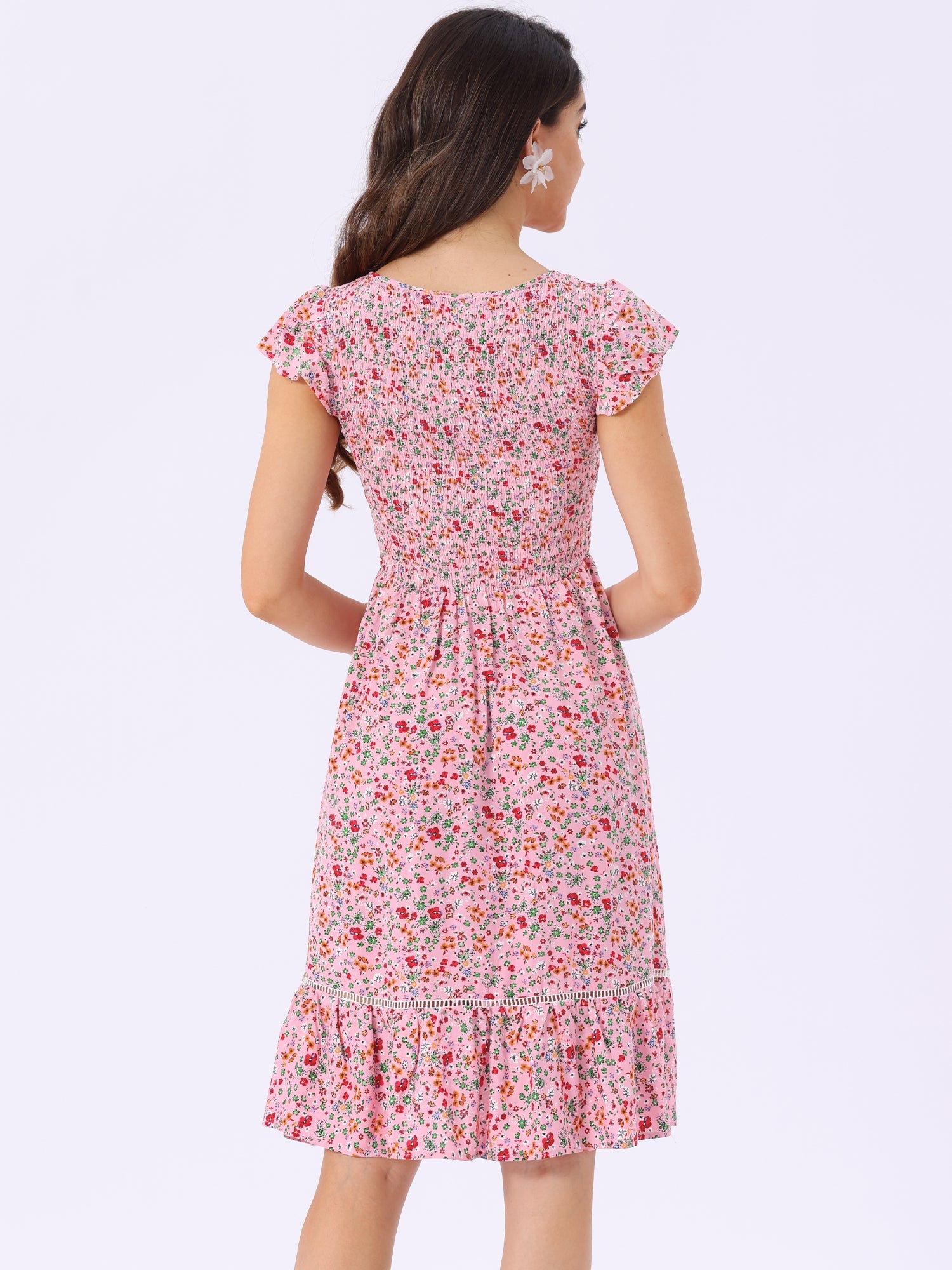 Midi Smocked Cap Short Sleeve Floral Fit and Flare Dress