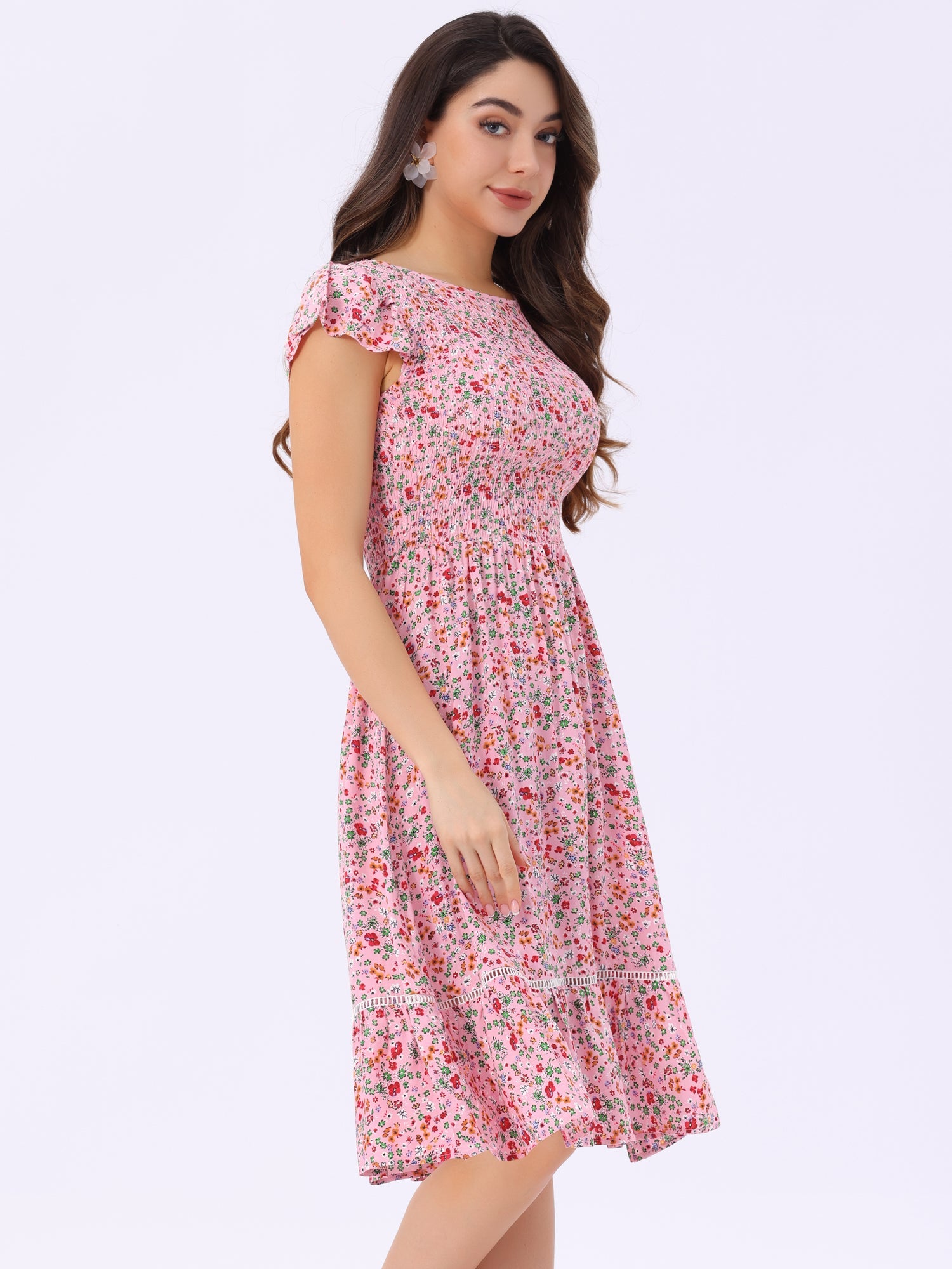 Midi Smocked Cap Short Sleeve Floral Fit and Flare Dress
