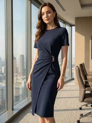 Short Sleeve Crew Neck Midi Sheath Work Dress