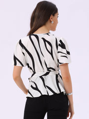Printed V Neck Elastic Waist Belt Ruffle Peplum Blouse