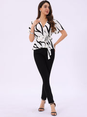 Printed V Neck Elastic Waist Belt Ruffle Peplum Blouse