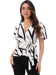 Printed V Neck Elastic Waist Belt Ruffle Peplum Blouse
