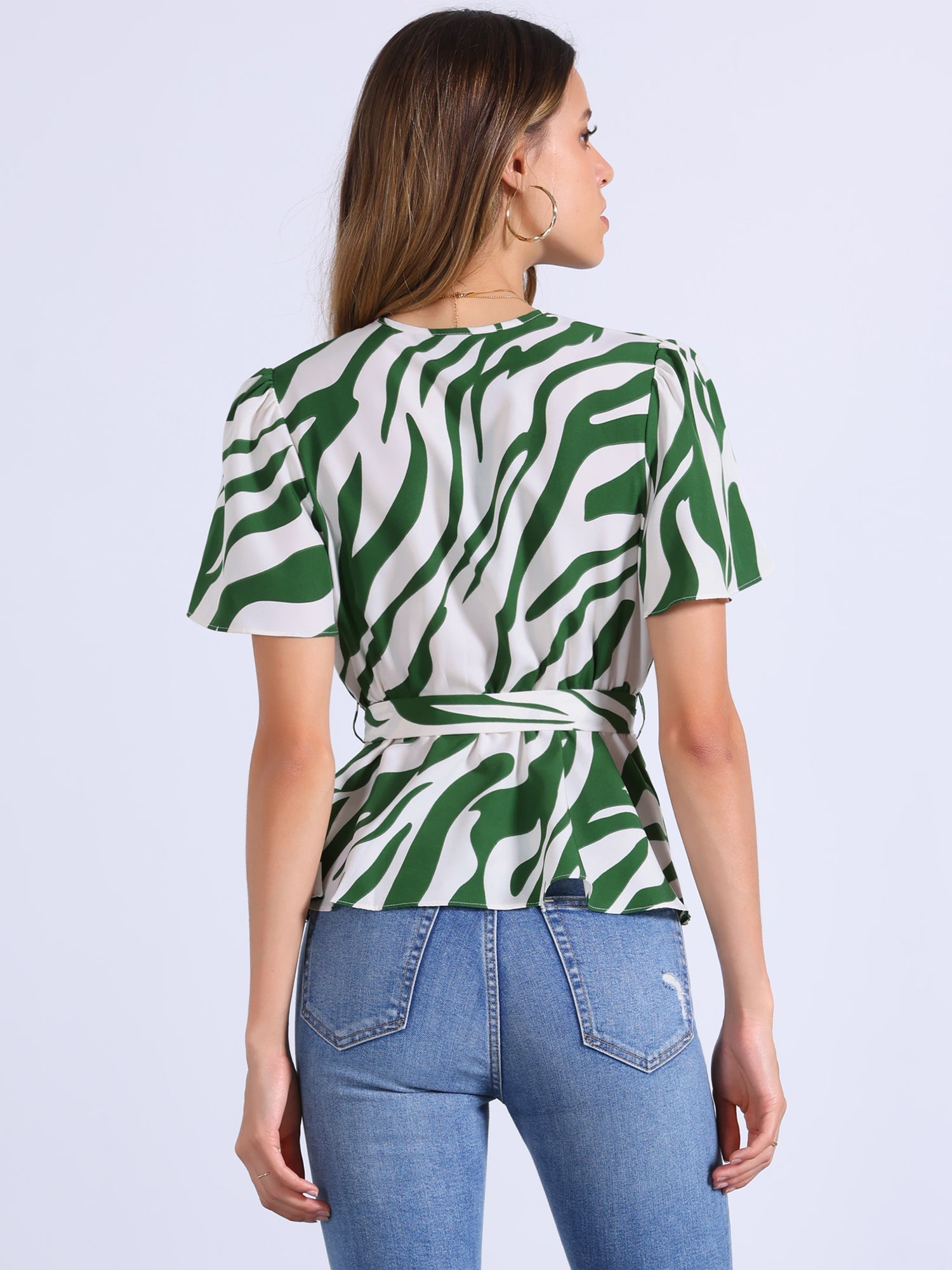 Printed V Neck Elastic Waist Belt Ruffle Peplum Blouse