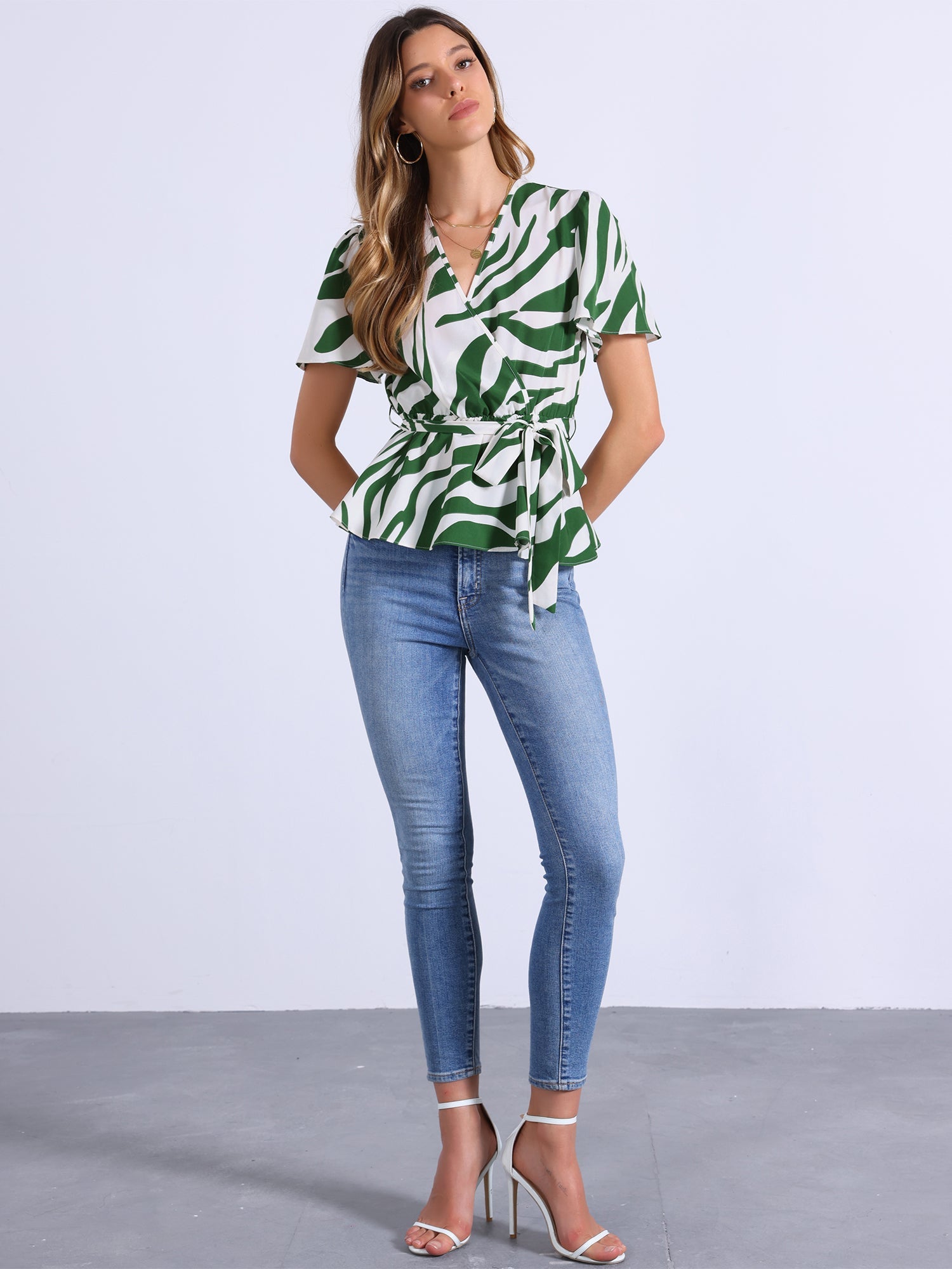 Printed V Neck Elastic Waist Belt Ruffle Peplum Blouse