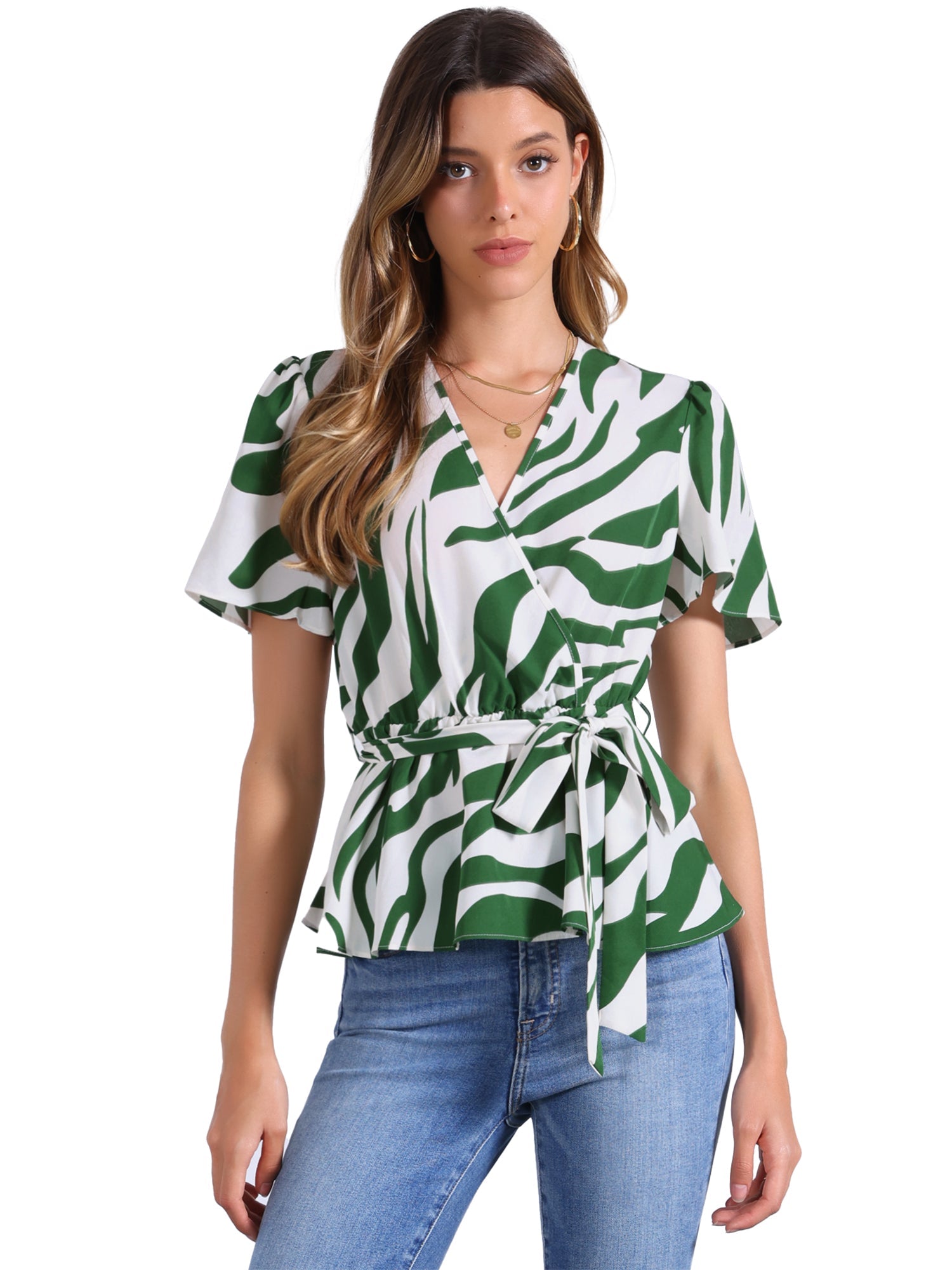 Printed V Neck Elastic Waist Belt Ruffle Peplum Blouse