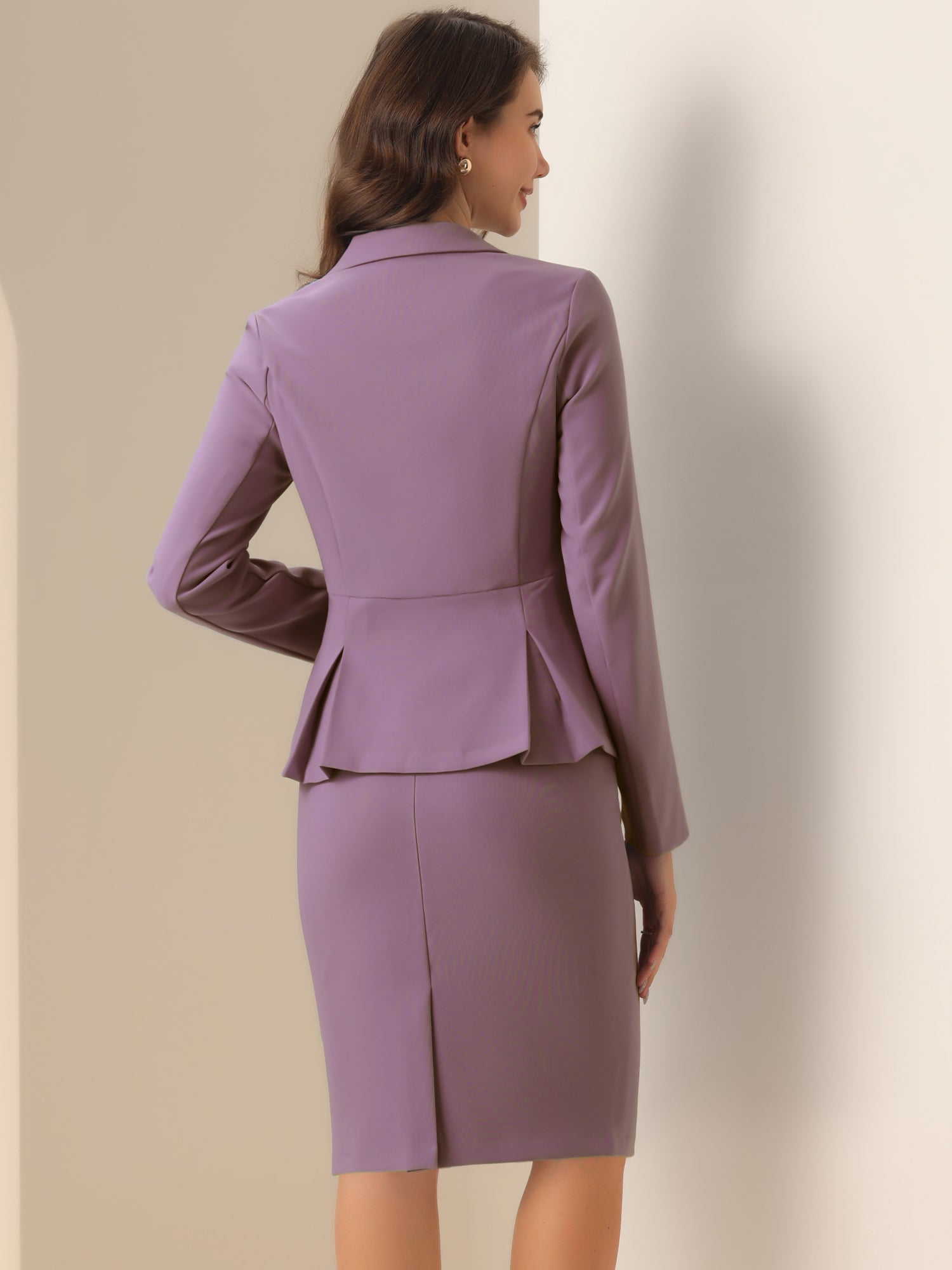 Long Sleeve Notched Lapel Peplum Blazer Pencil Skirt 2 Piece Set
