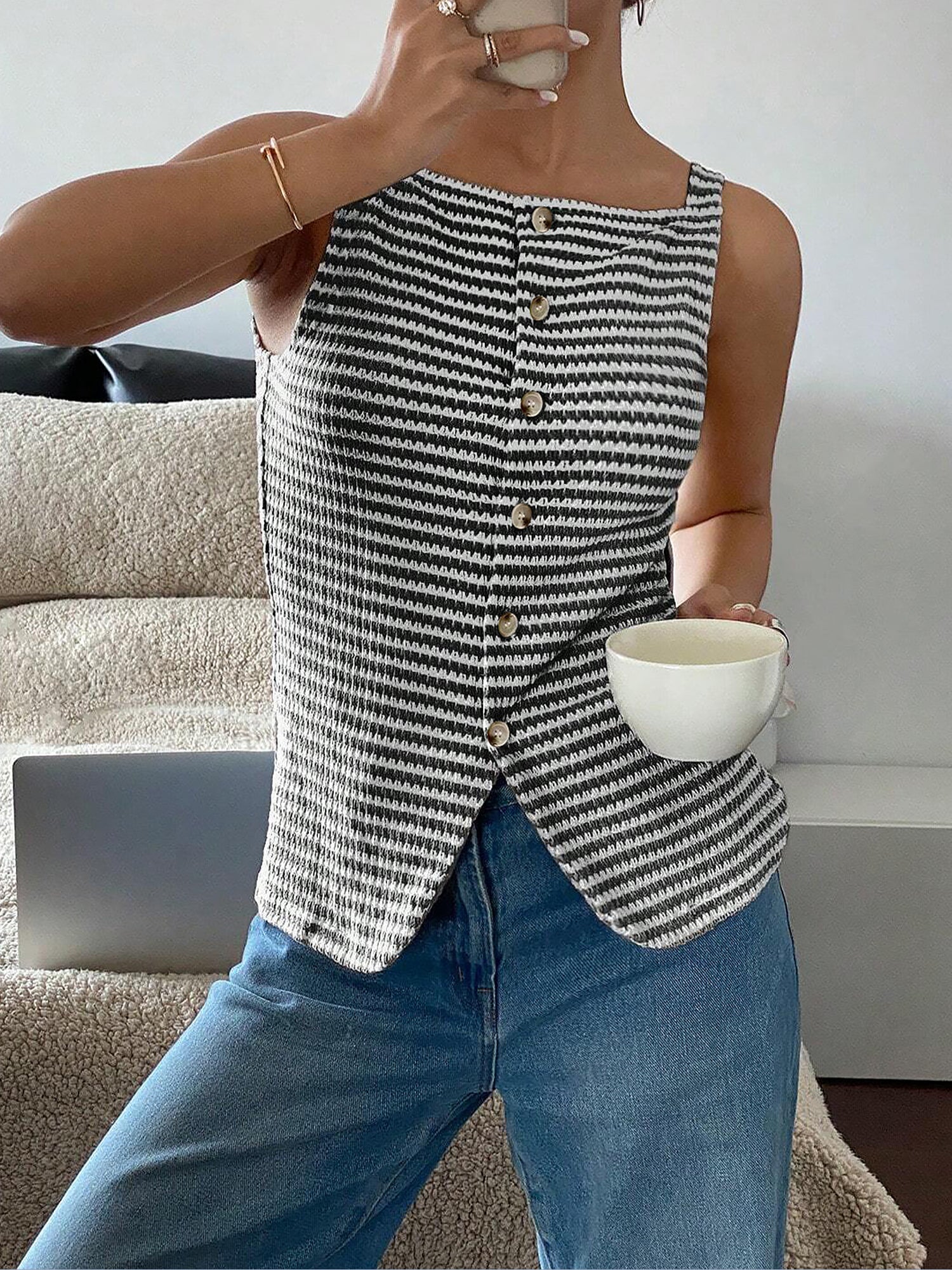 Classic Relaxed Fit Breton Stripe Button Down Sleeveless Striped Knit Daily & Office Top
