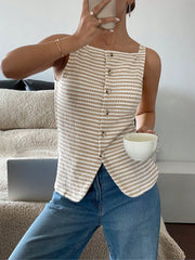 Classic Relaxed Fit Breton Stripe Button Down Sleeveless Striped Knit Daily & Office Top