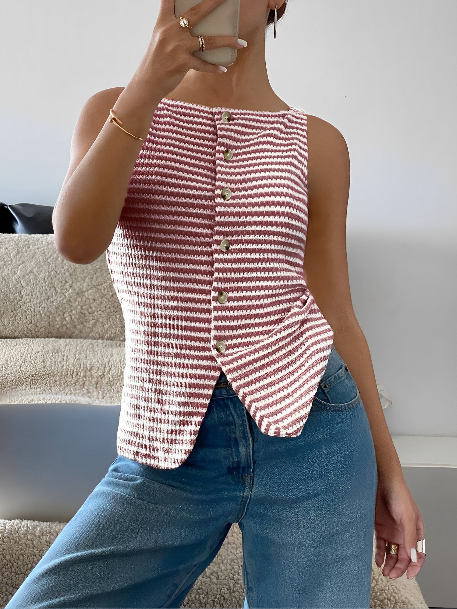 Classic Relaxed Fit Breton Stripe Button Down Sleeveless Striped Knit Daily & Office Top