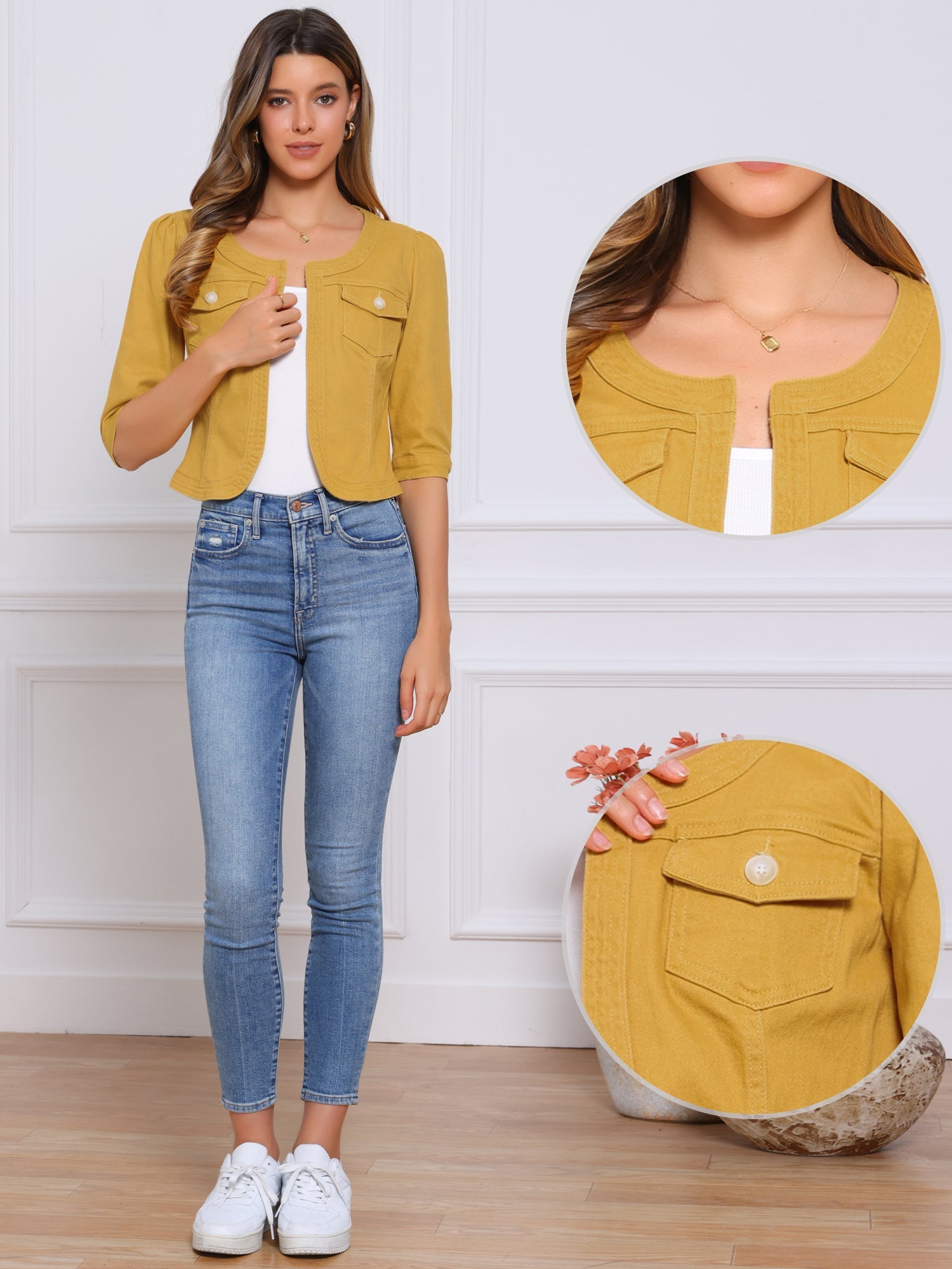 Denim Collarless Pockets 3/4 Sleeve Feminine Style Jacket