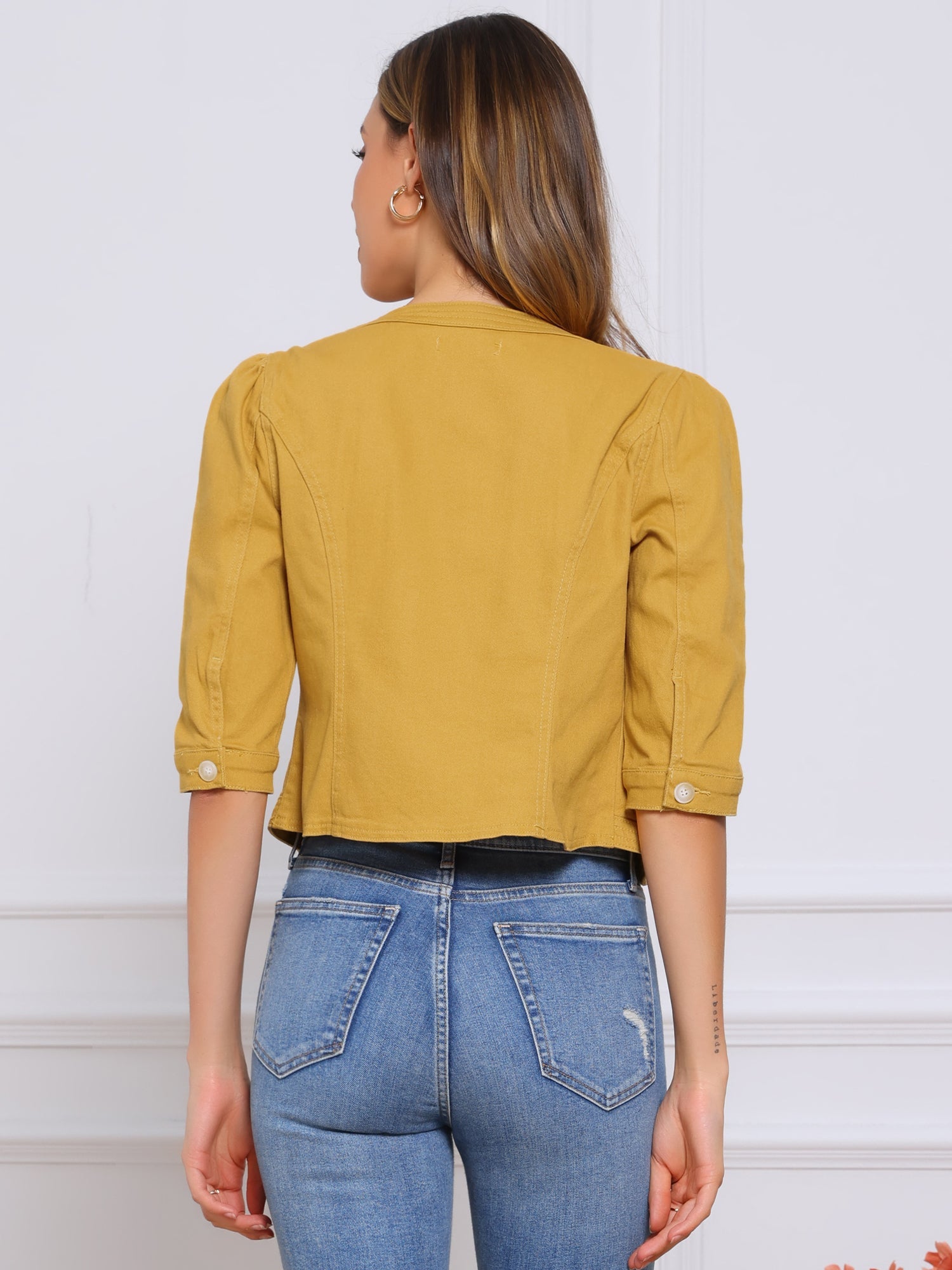 Denim Collarless Pockets 3/4 Sleeve Feminine Style Jacket