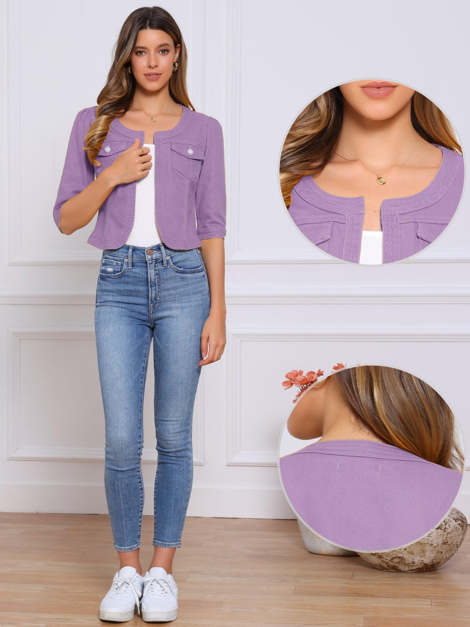 Denim Collarless Pockets 3/4 Sleeve Feminine Style Jacket