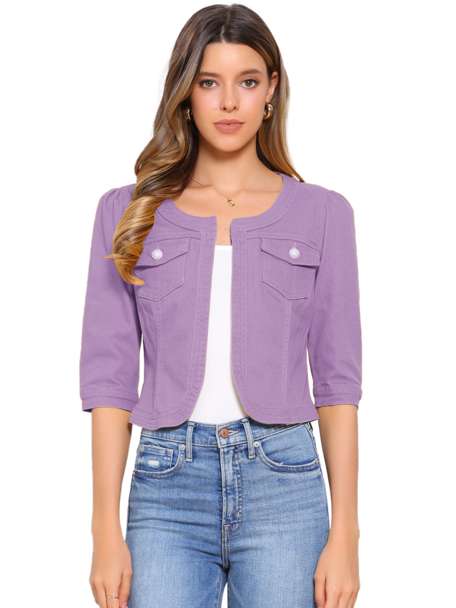 Denim Collarless Pockets 3/4 Sleeve Feminine Style Jacket