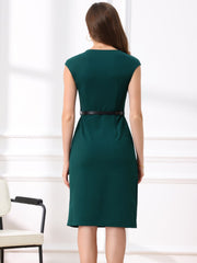Business Cap Sleeve Belted Pencil Work Sheath Dress