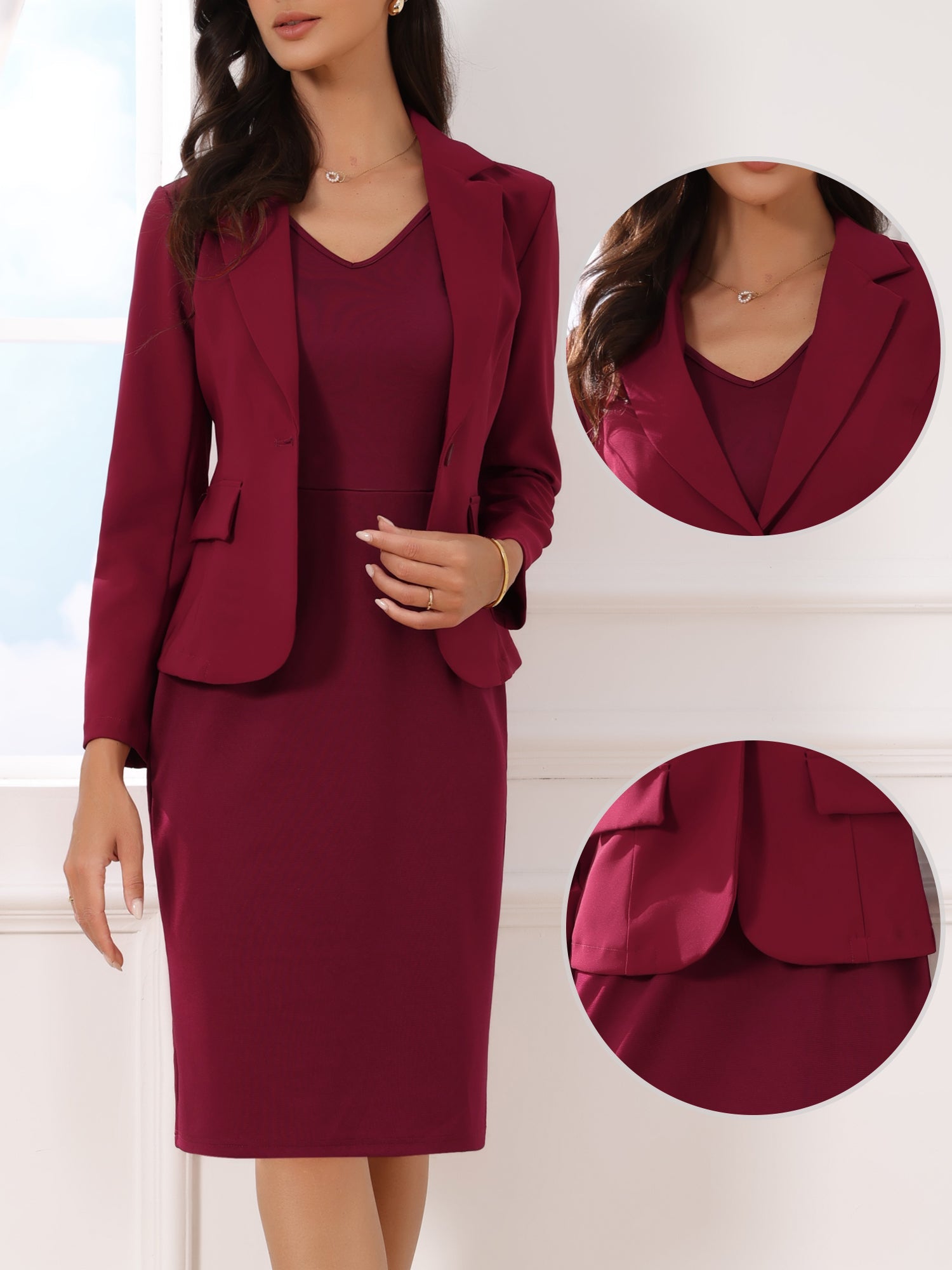 2pc Outfit Notched Lapel Blazer and Sleeveless Midi Sheath Dress Suit Sets
