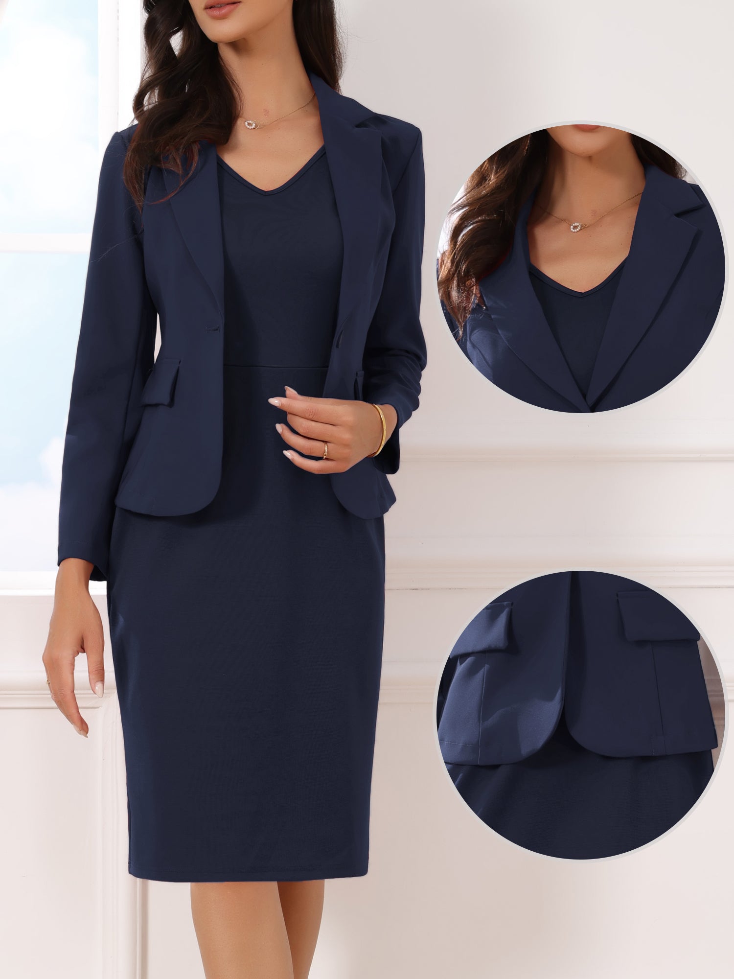 2pc Outfit Notched Lapel Blazer and Sleeveless Midi Sheath Dress Suit Sets