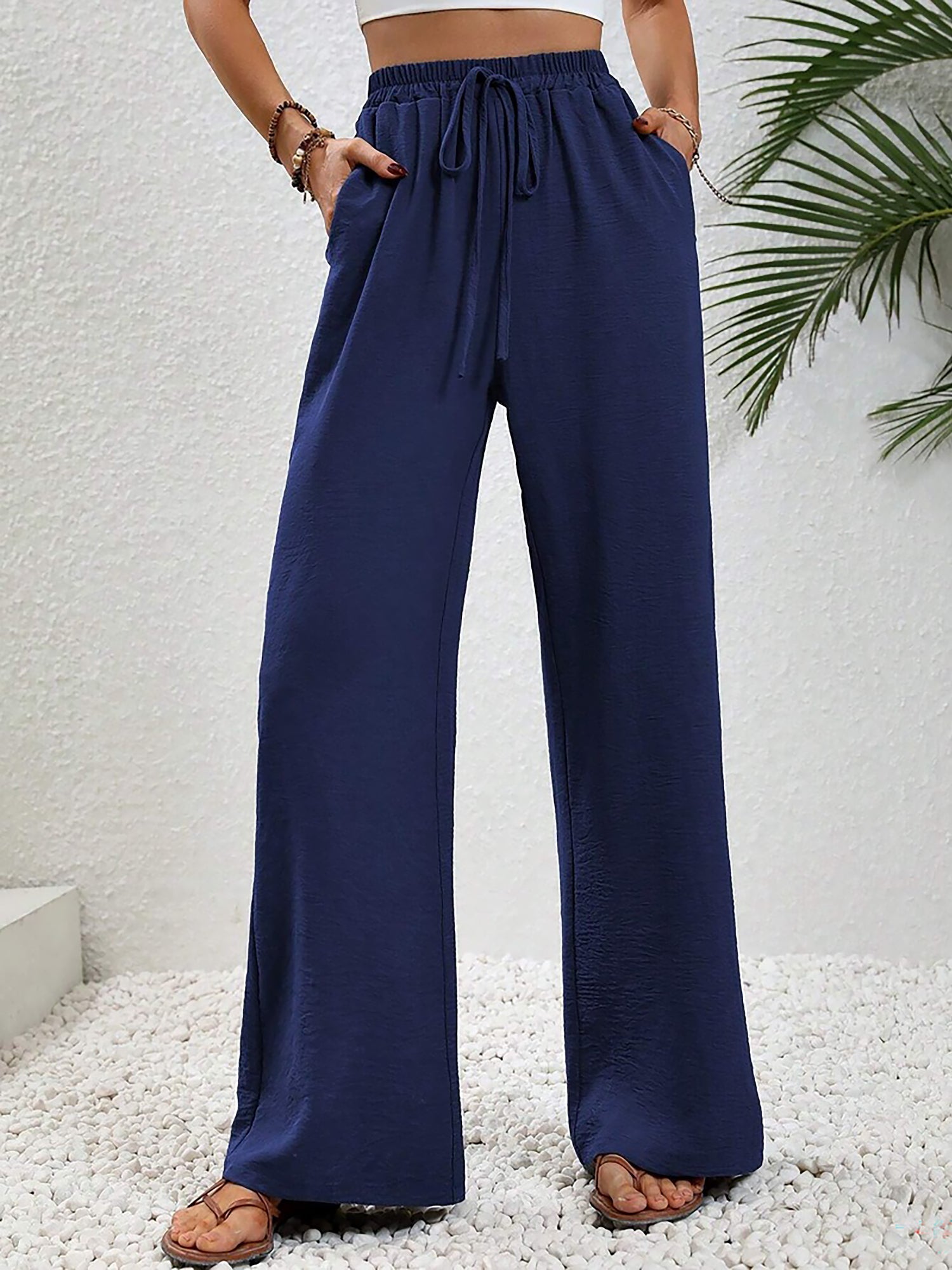 Solid Color Elastic Waist Casual Wide Legs Pants