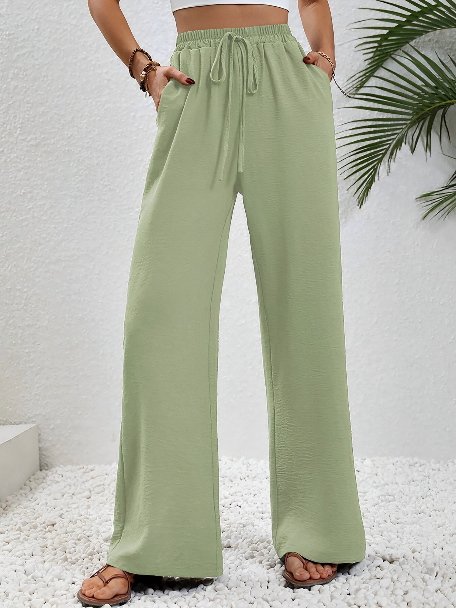 Solid Color Elastic Waist Casual Wide Legs Pants