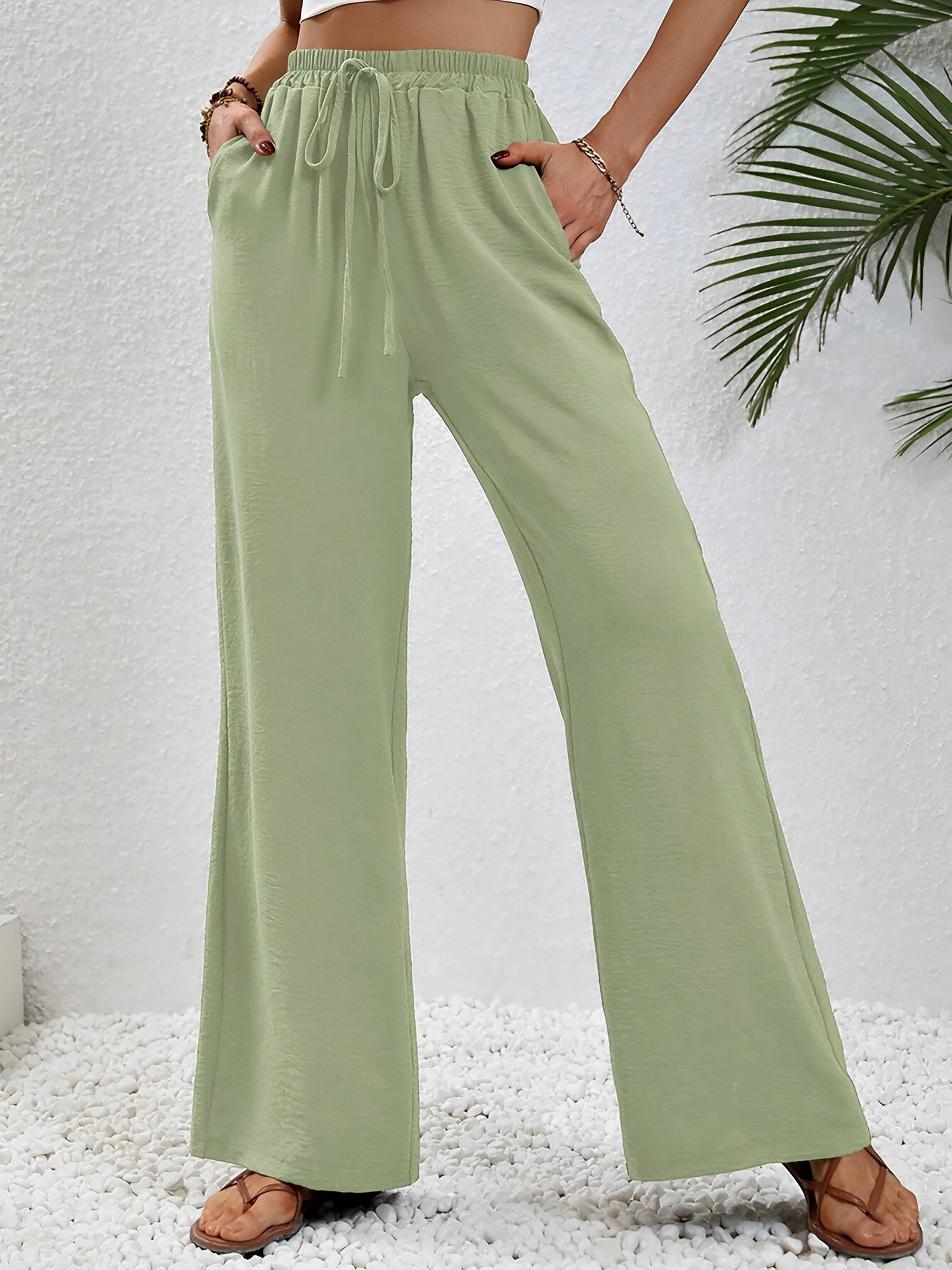 Solid Color Elastic Waist Casual Wide Legs Pants