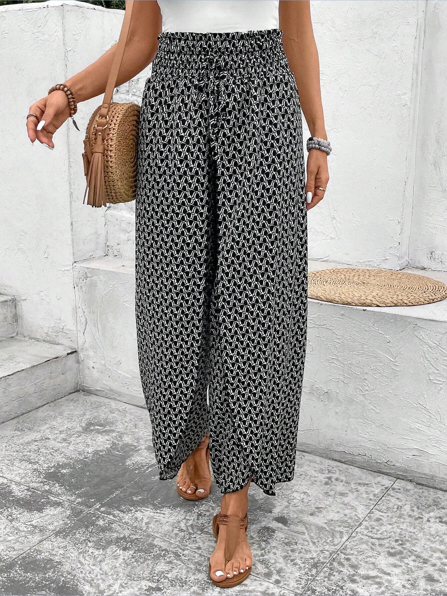 Versatile Ankle-Length Graphic Smocked Elastic Waist Wide Legs Pants