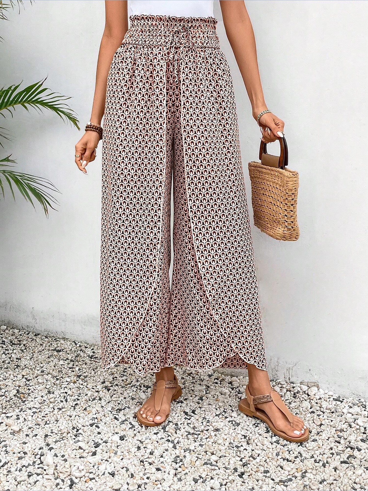 Versatile Ankle-Length Graphic Smocked Elastic Waist Wide Legs Pants