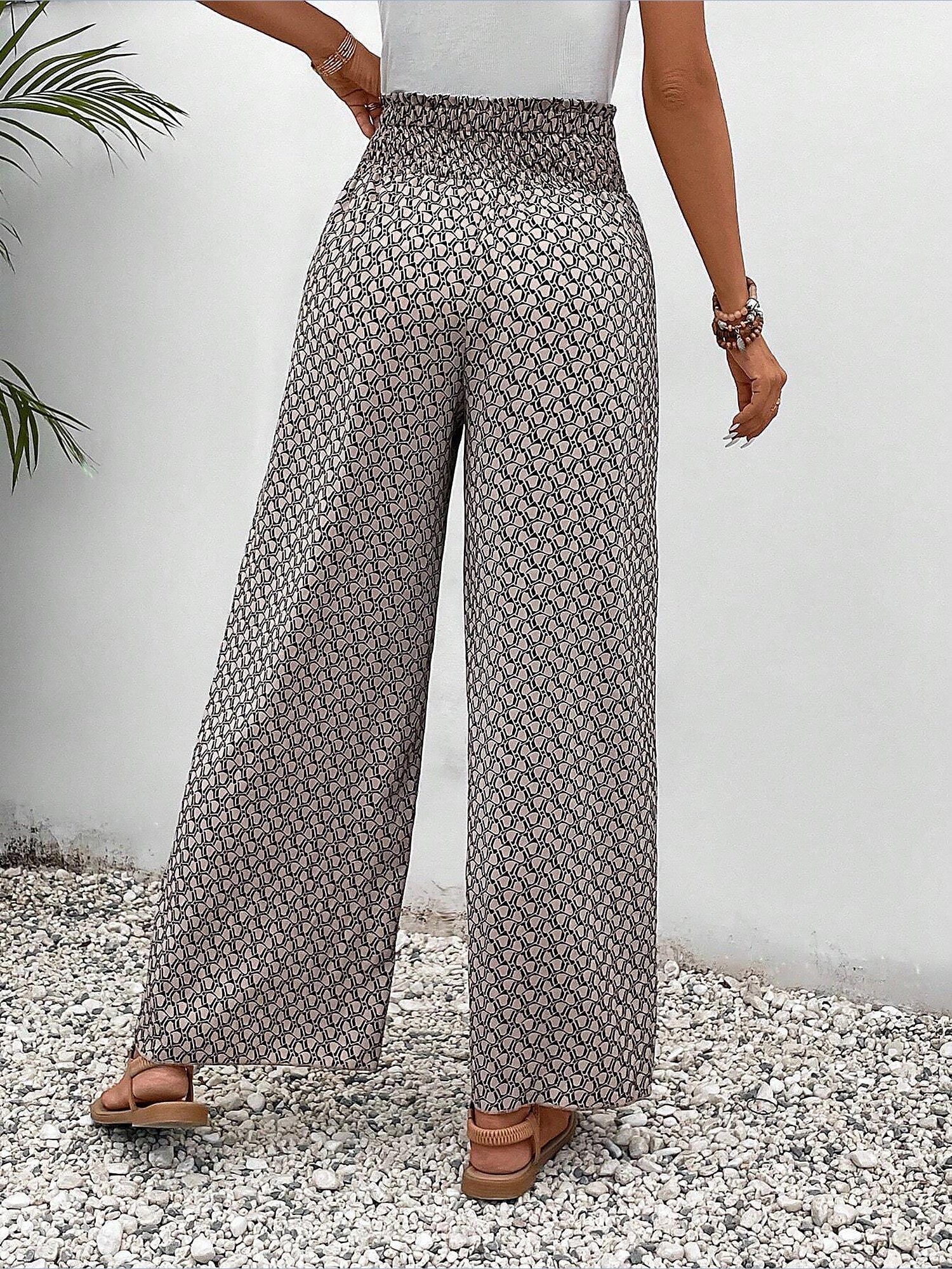 Versatile Ankle-Length Graphic Smocked Elastic Waist Wide Legs Pants