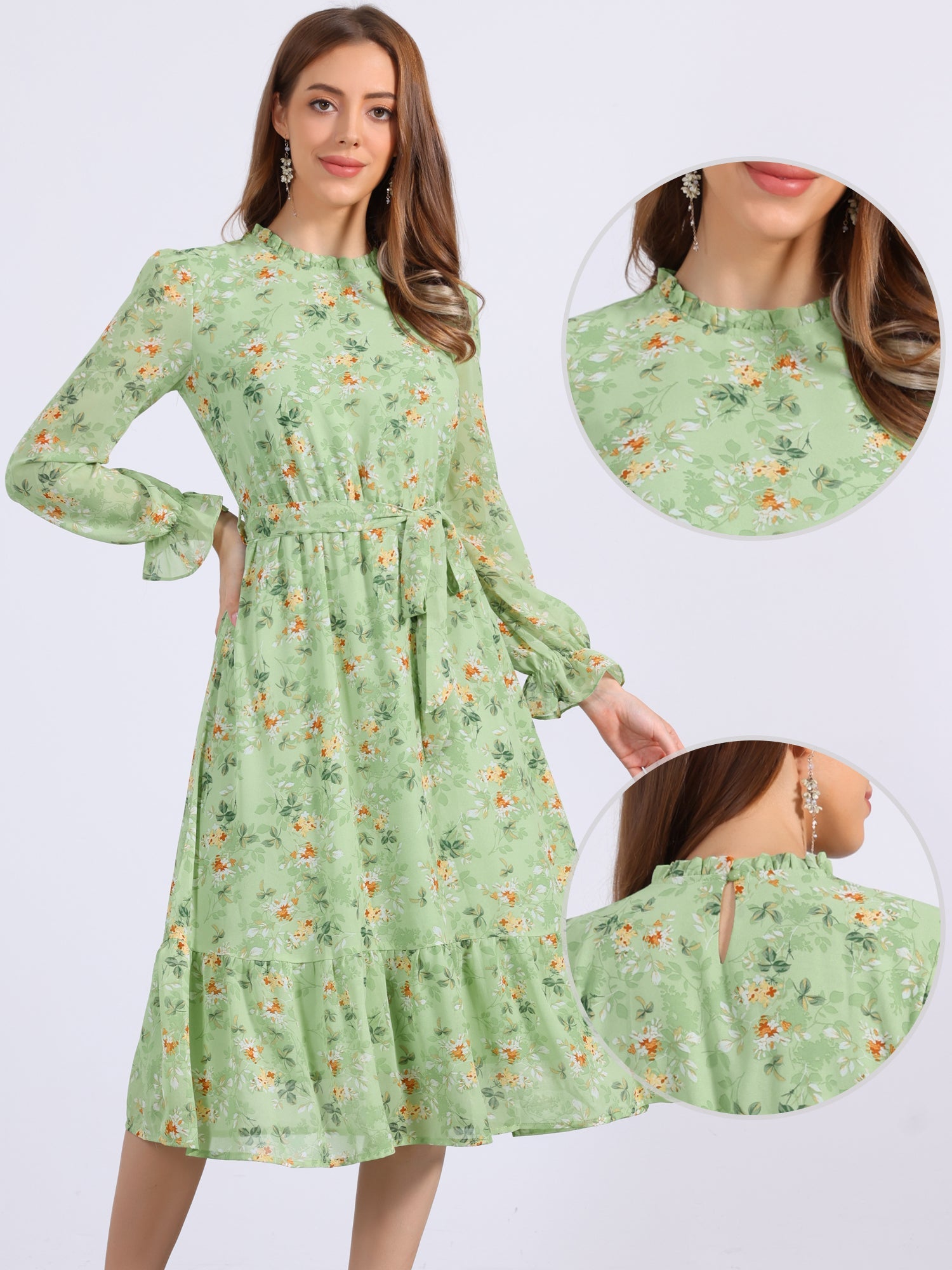 Floral Long Sleeve Belted Flowy Chiffon Midi Dress