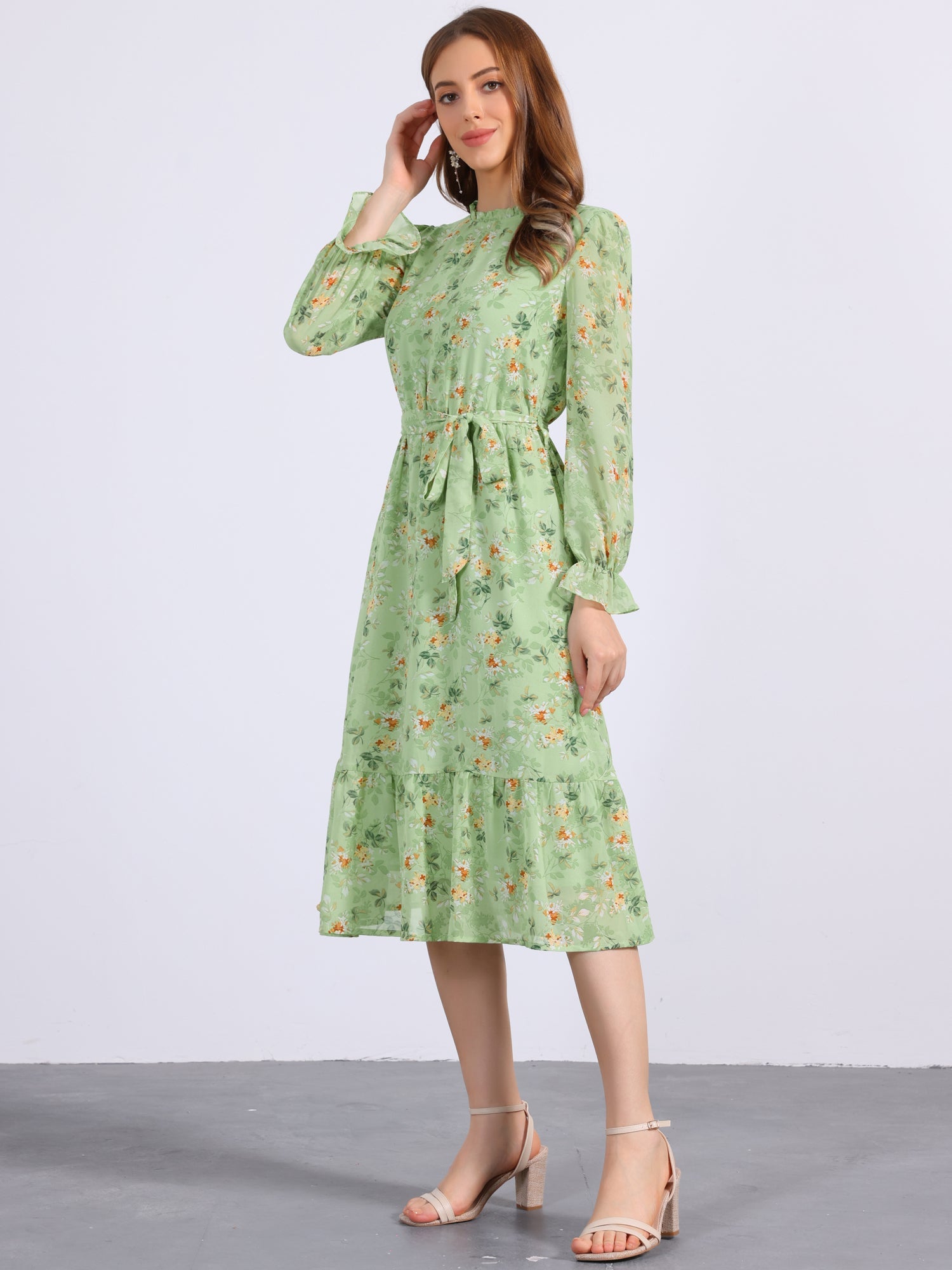 Floral Long Sleeve Belted Flowy Chiffon Midi Dress