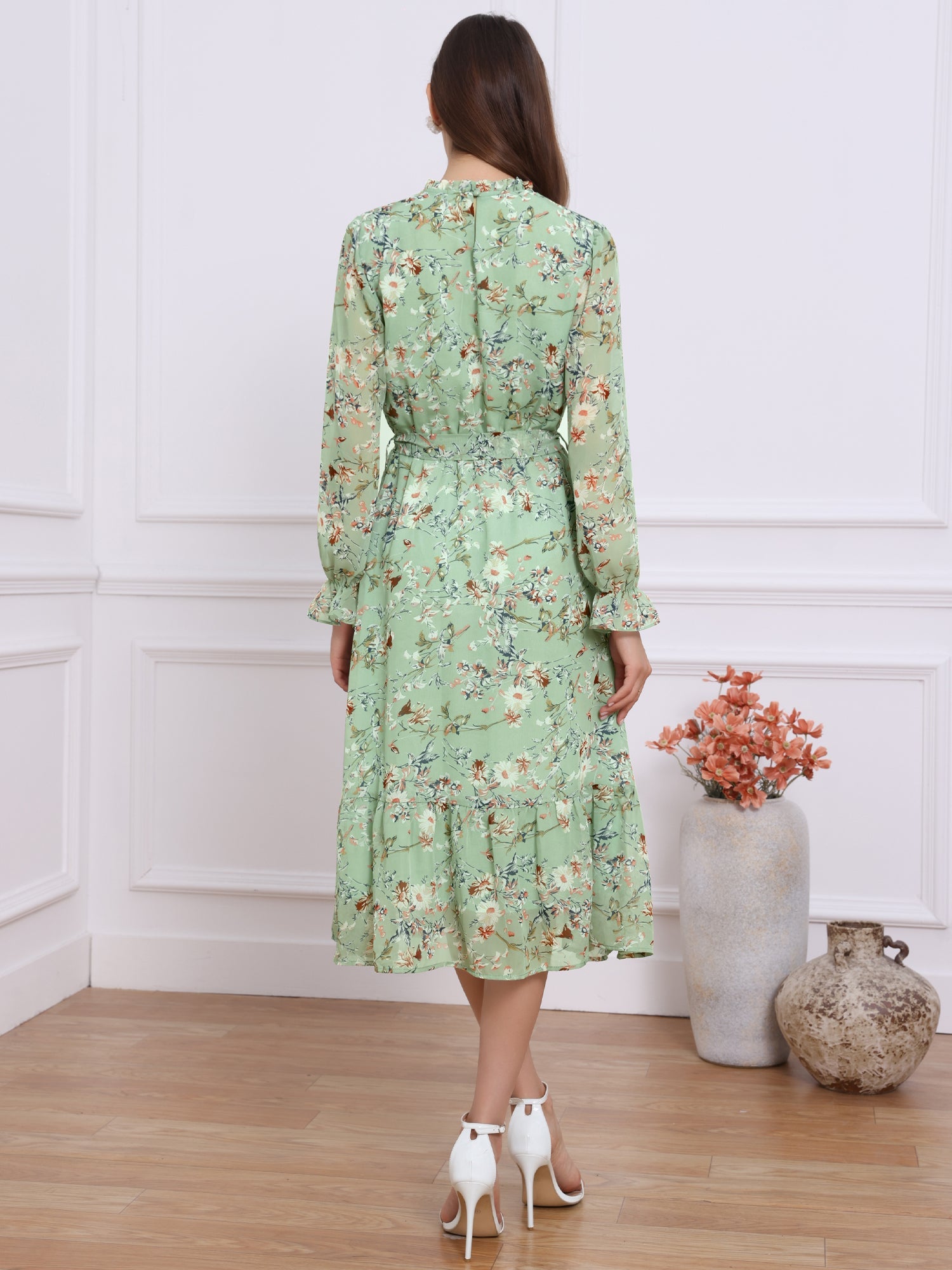 Floral Long Sleeve Belted Flowy Chiffon Midi Dress