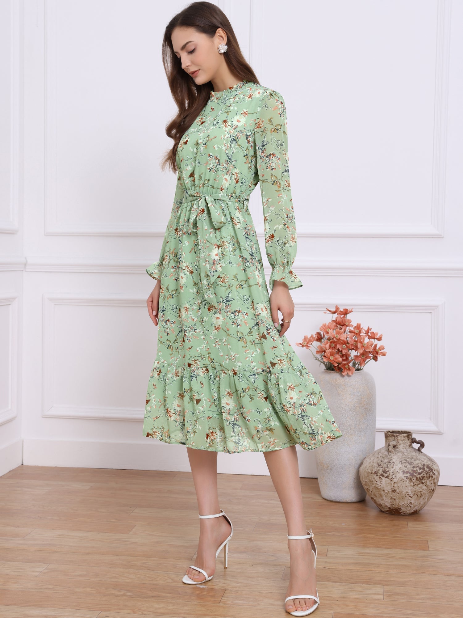 Floral Long Sleeve Belted Flowy Chiffon Midi Dress