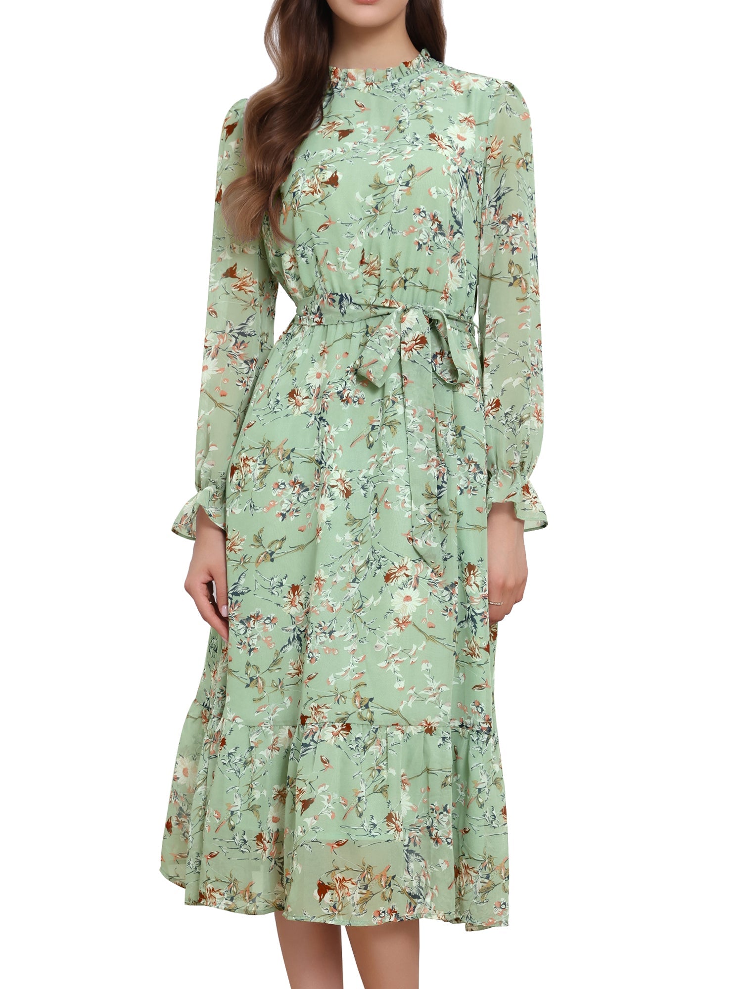 Floral Long Sleeve Belted Flowy Chiffon Midi Dress