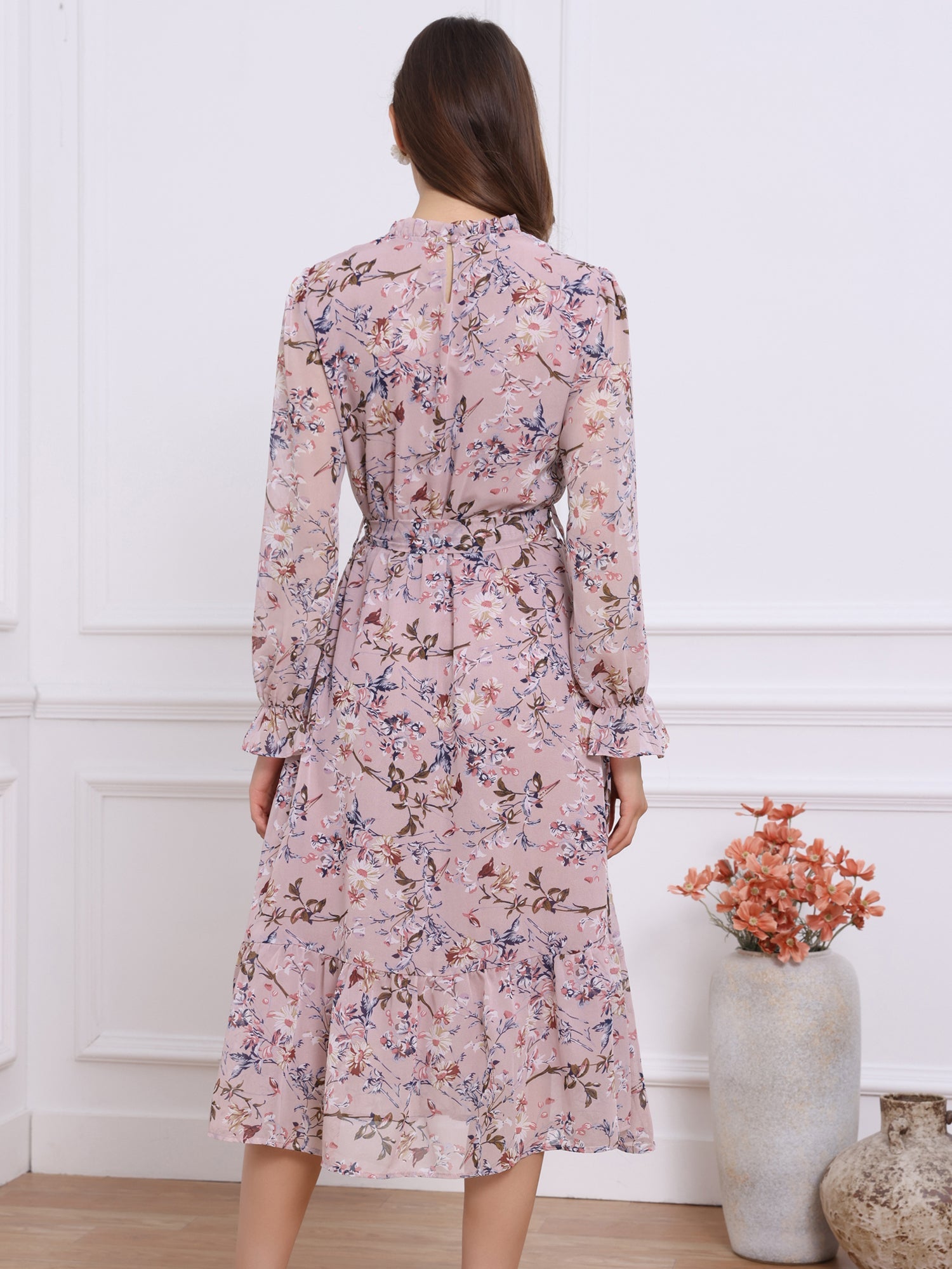 Floral Long Sleeve Belted Flowy Chiffon Midi Dress