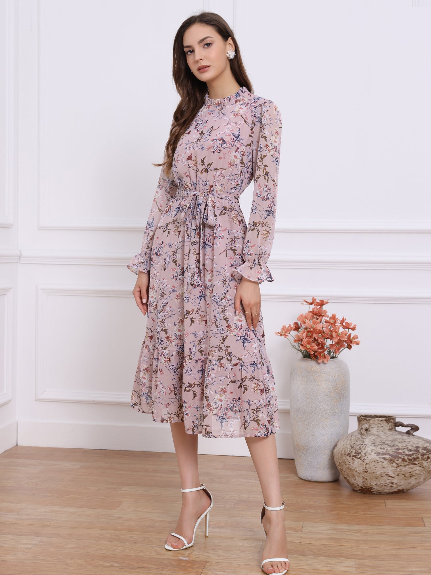 Floral Long Sleeve Belted Flowy Chiffon Midi Dress