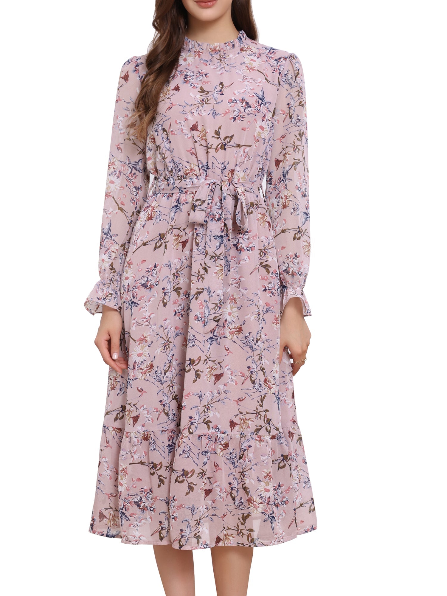 Floral Long Sleeve Belted Flowy Chiffon Midi Dress