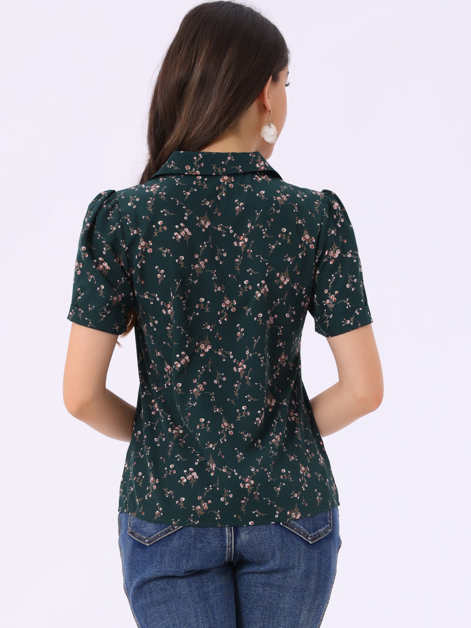 Short Sleeve Casual Cherry Print Notched Lapel Collar Shirt Blouse