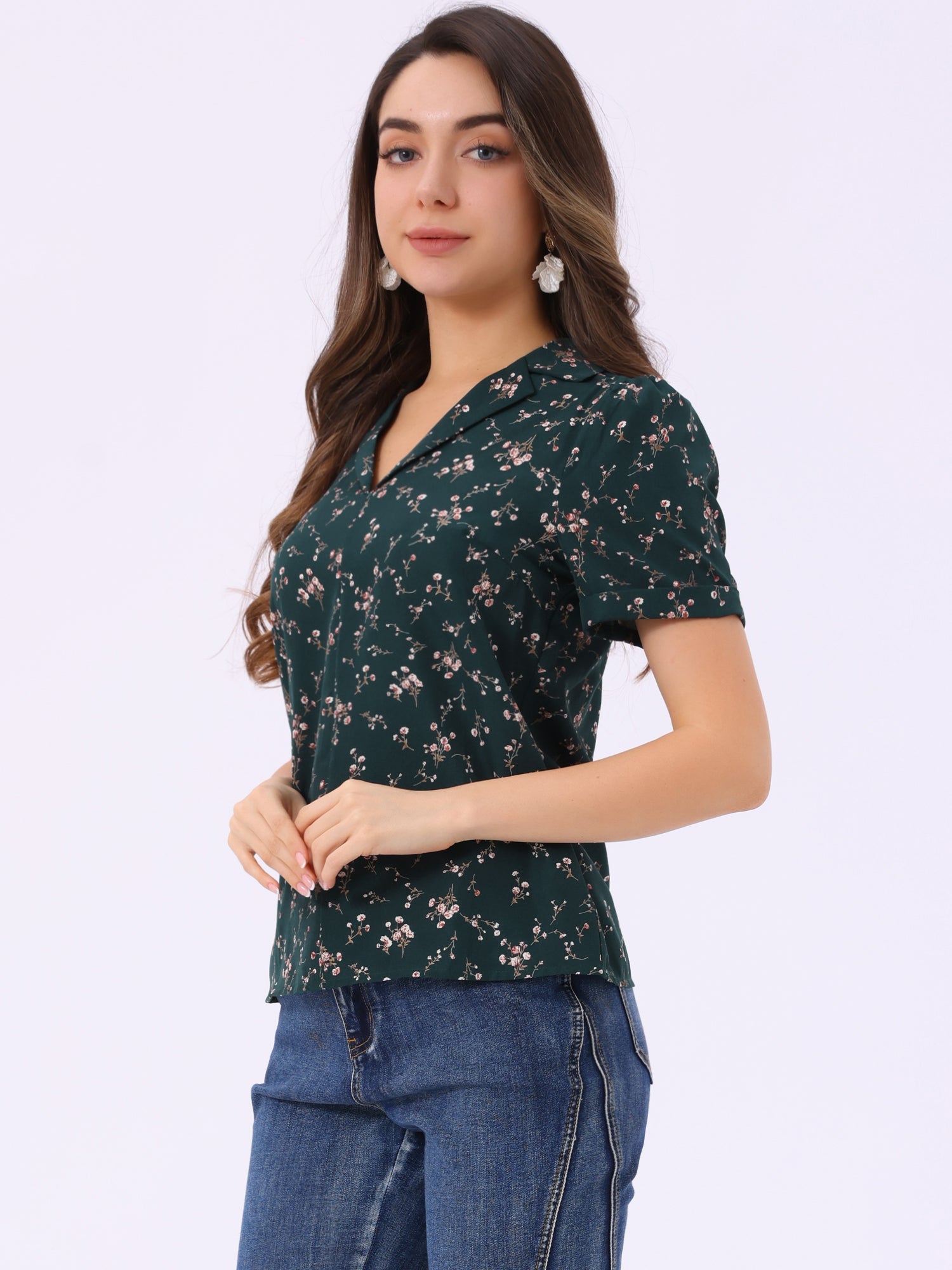 Short Sleeve Casual Cherry Print Notched Lapel Collar Shirt Blouse