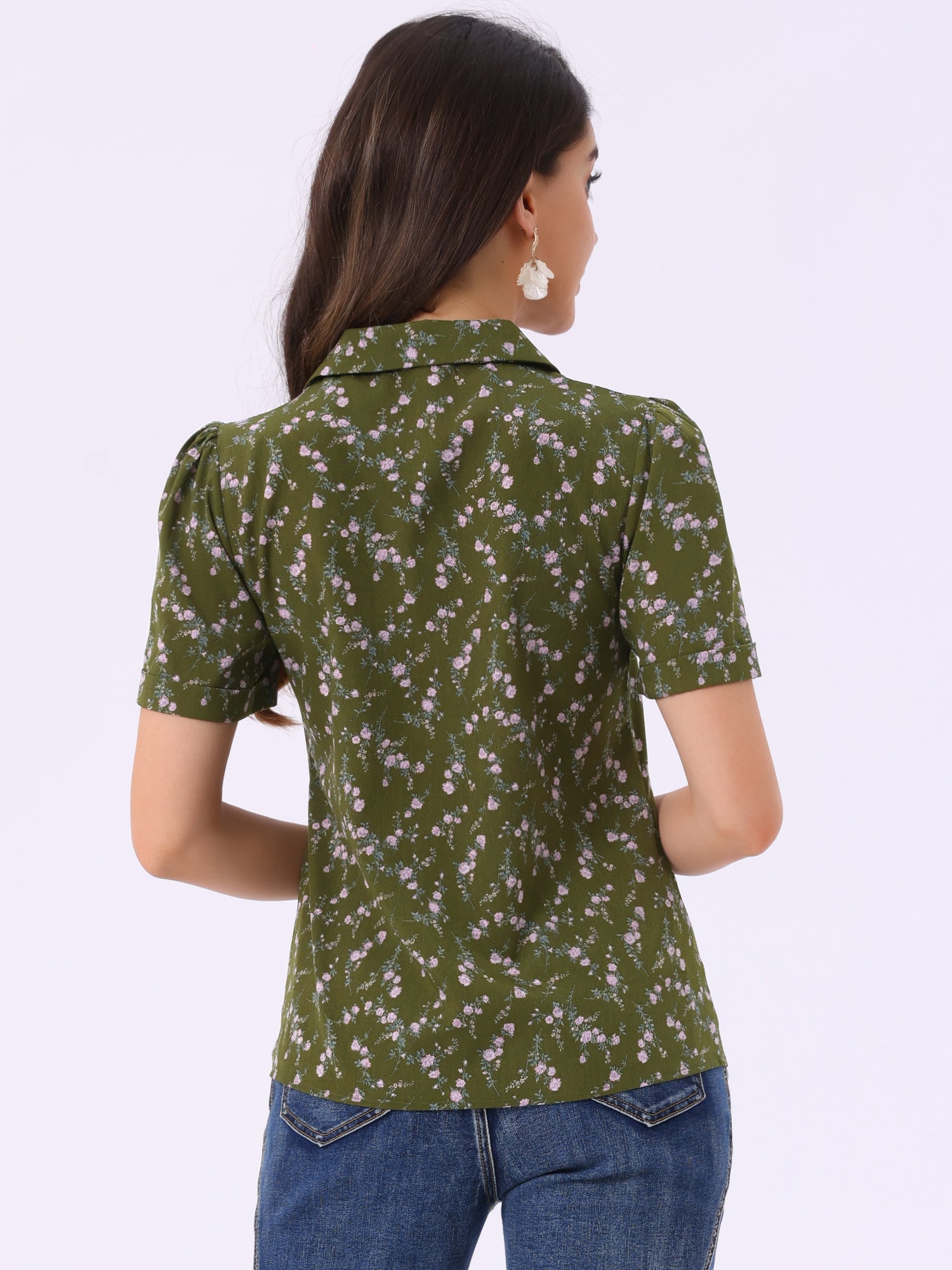 Short Sleeve Casual Cherry Print Notched Lapel Collar Shirt Blouse