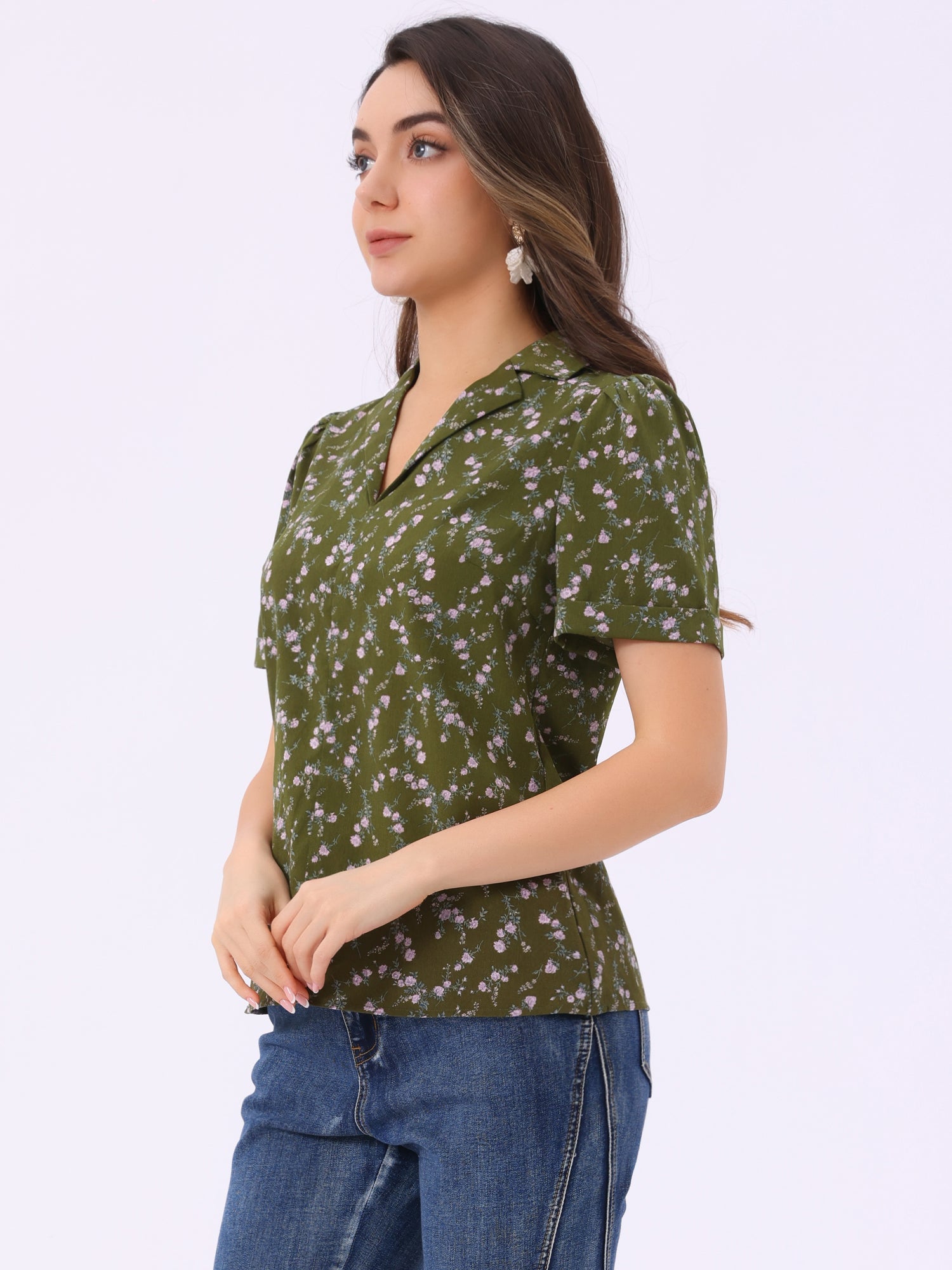 Short Sleeve Casual Cherry Print Notched Lapel Collar Shirt Blouse