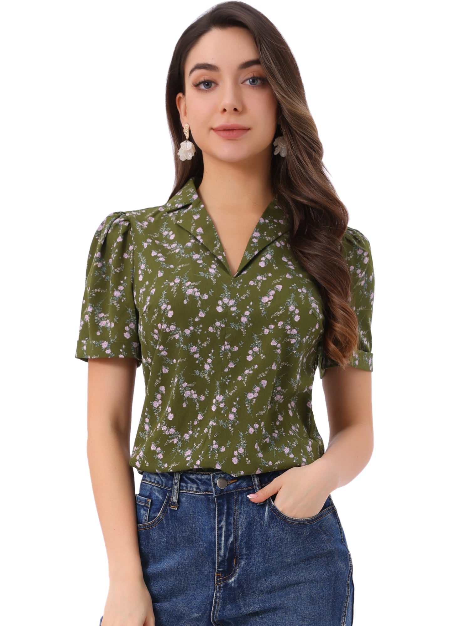 Short Sleeve Casual Cherry Print Notched Lapel Collar Shirt Blouse