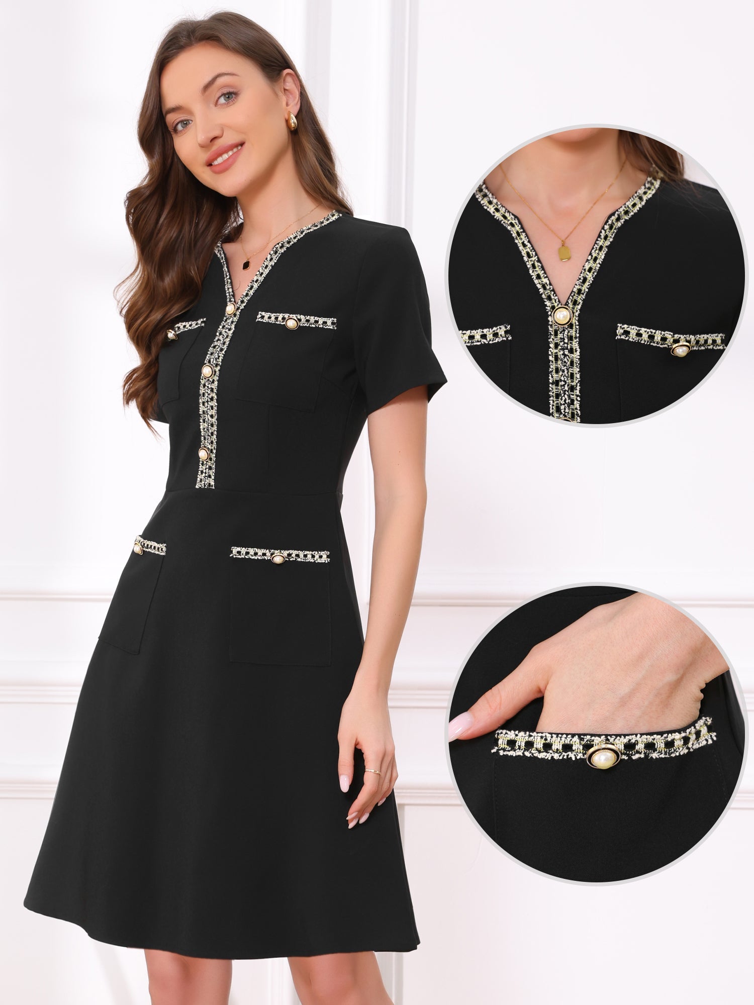 Notch Neck Short Sleeves Pockets Tweed Trim Dressy Office Dress