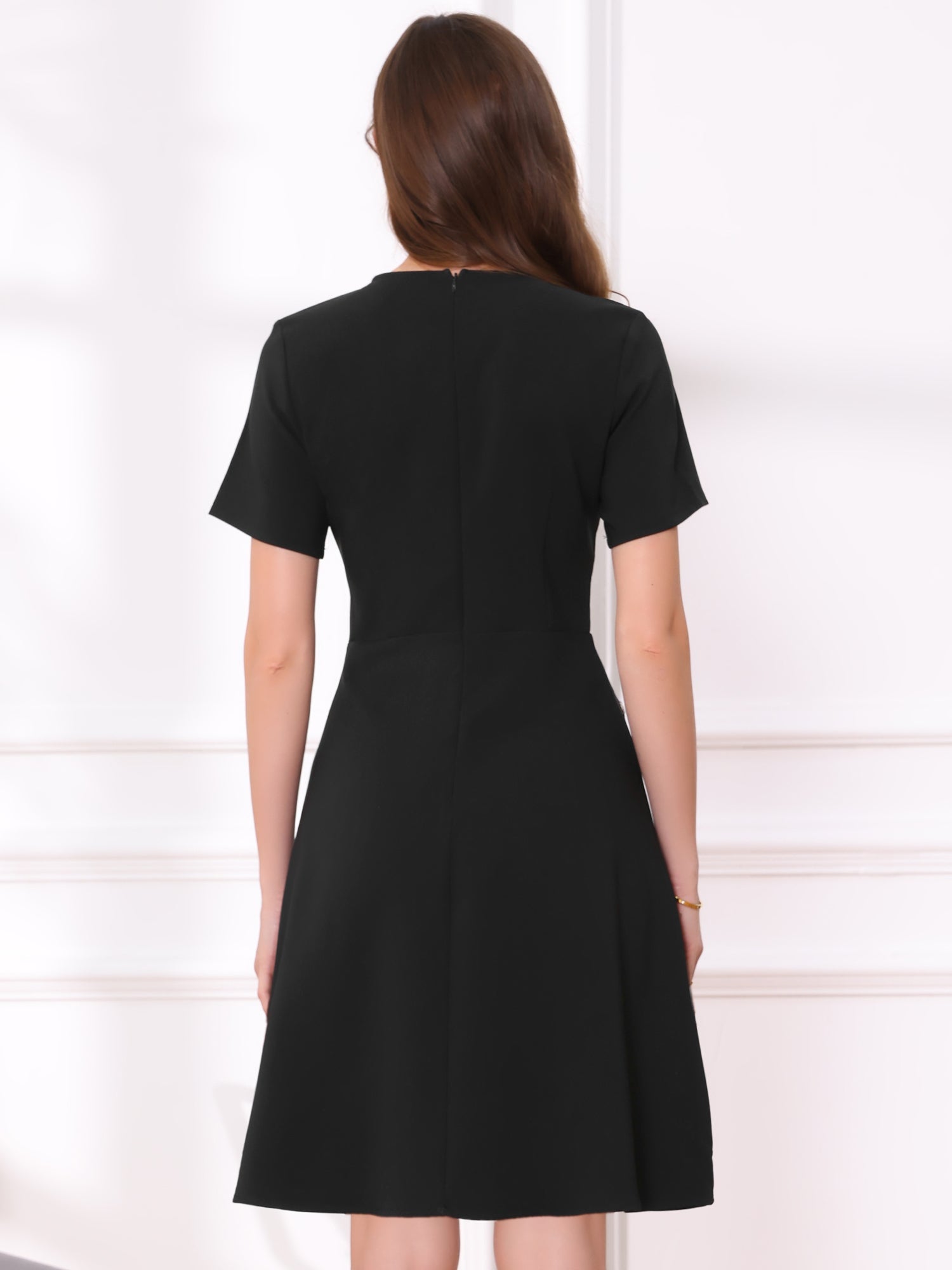 Notch Neck Short Sleeves Pockets Tweed Trim Dressy Office Dress