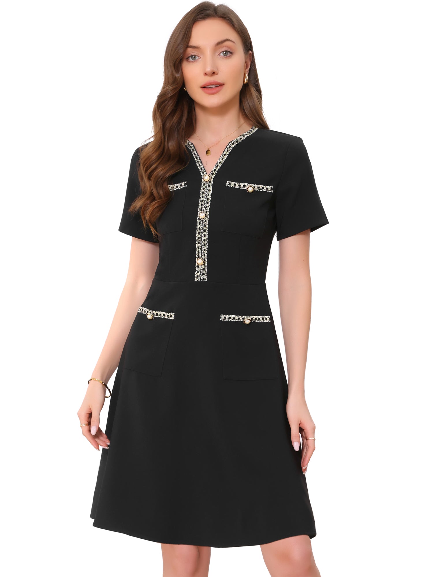 Notch Neck Short Sleeves Pockets Tweed Trim Dressy Office Dress