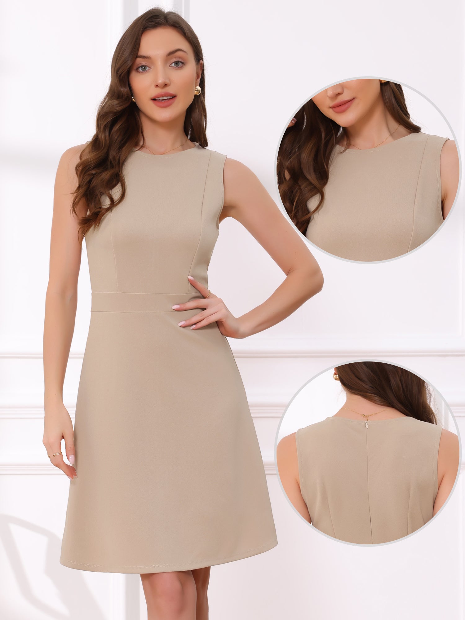Solid Color Round Neck Sleeveless A-Line Work Midi Dress