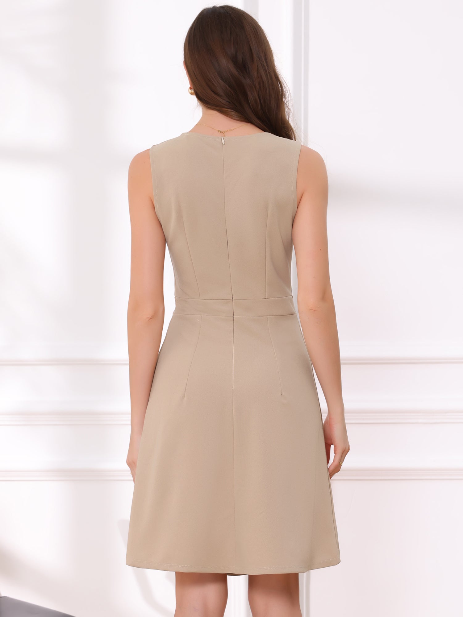 Solid Color Round Neck Sleeveless A-Line Work Midi Dress