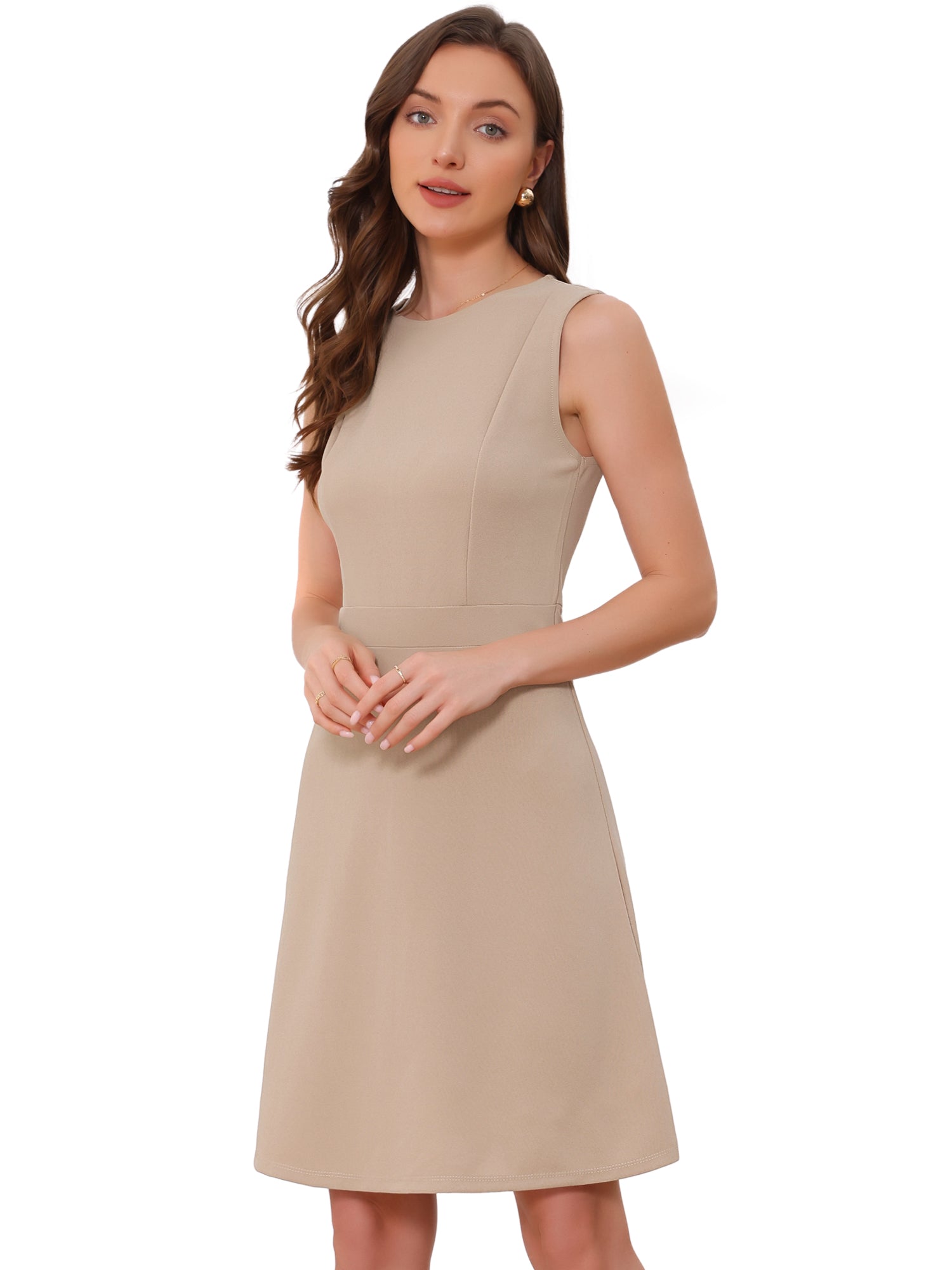 Solid Color Round Neck Sleeveless A-Line Work Midi Dress