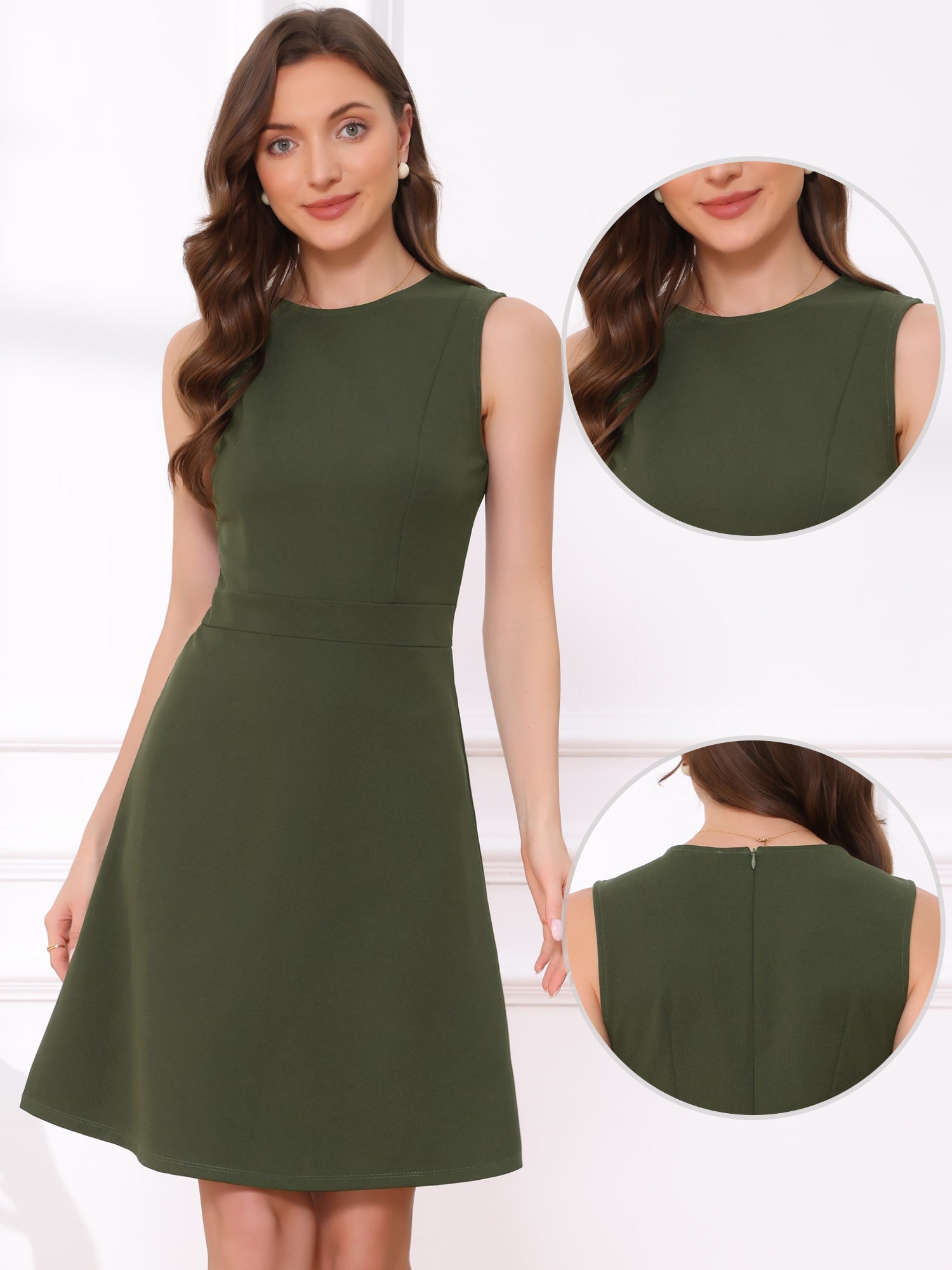 Round Neck Solid Color Sleeveless A-Line Work Midi Dress