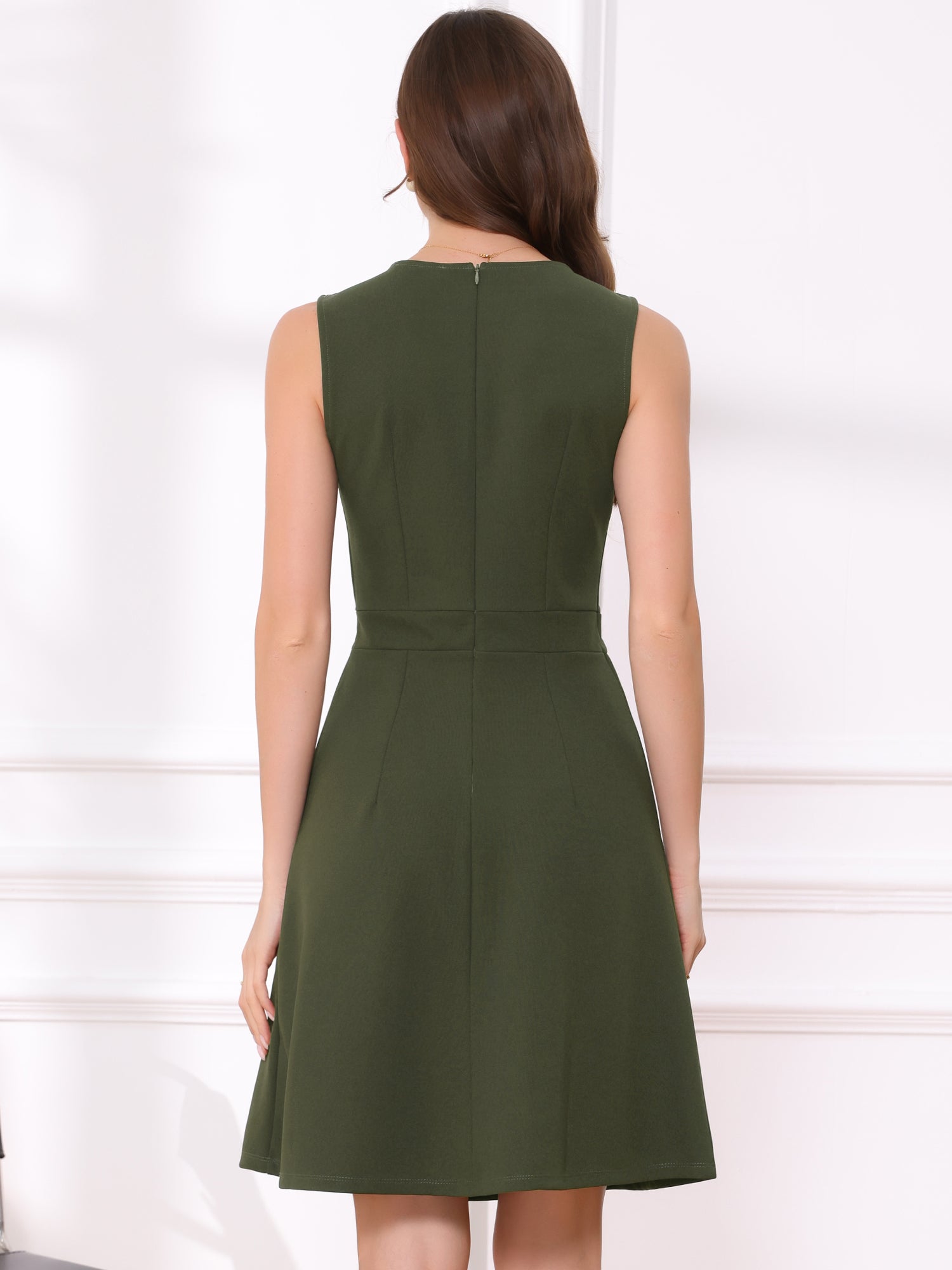 Round Neck Solid Color Sleeveless A-Line Work Midi Dress