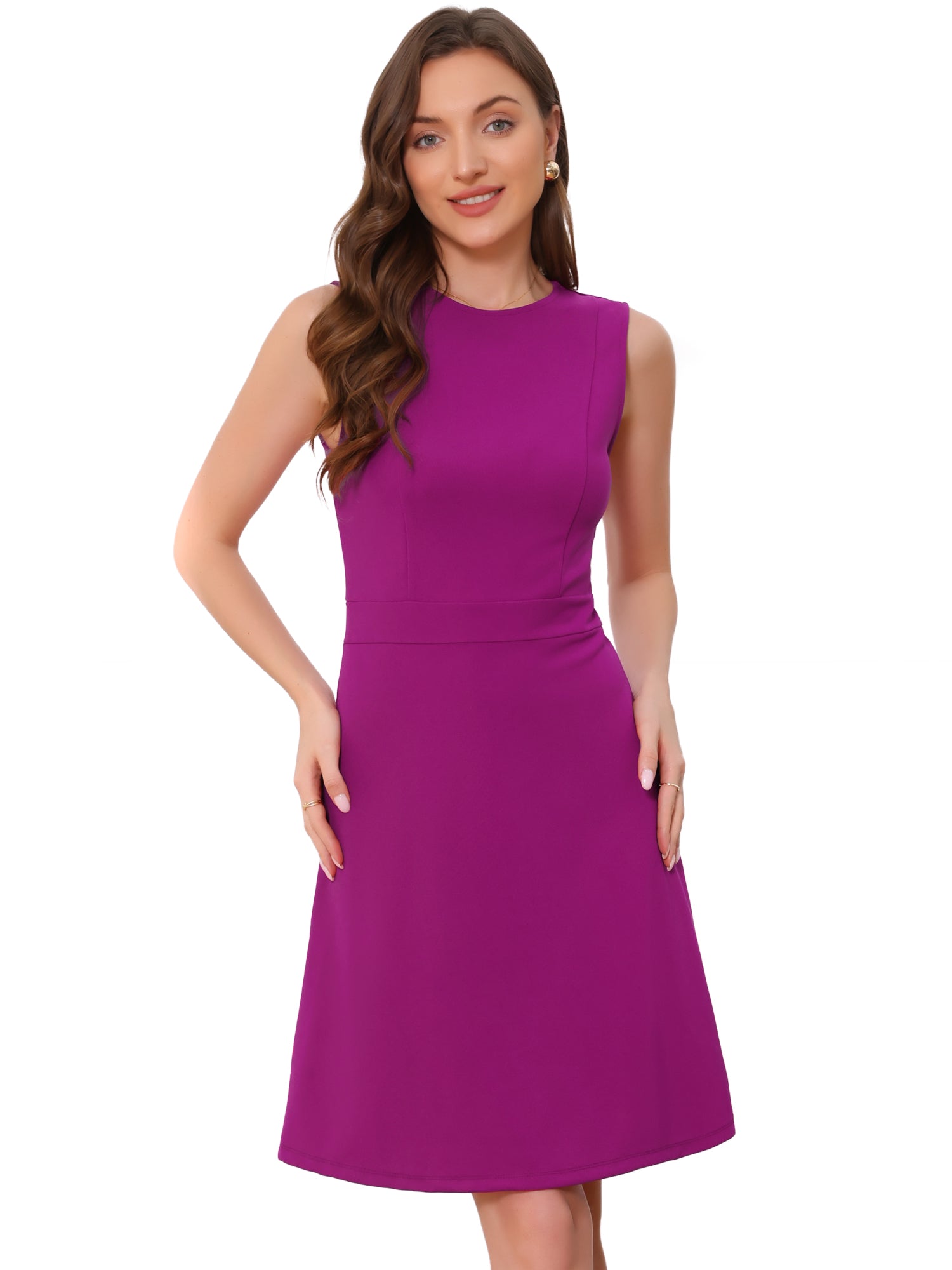 Round Neck Solid Color Sleeveless A-Line Work Midi Dress