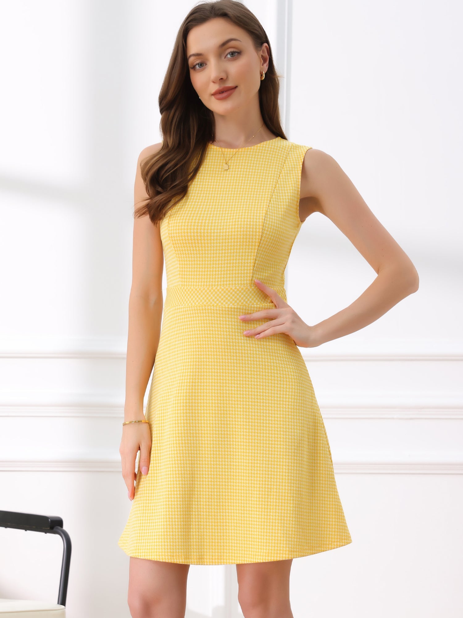 Plaid Sleeveless Fit and Flare Houndstooth Work Dress