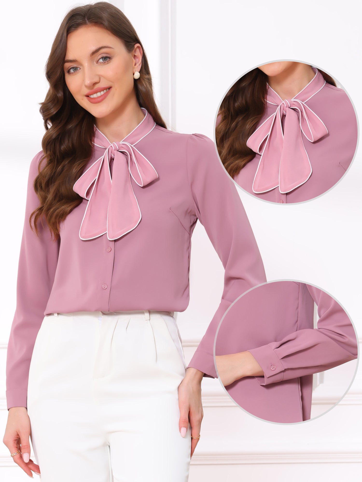 Tie Neck Contrast Color Button Down Long Sleeve Shirt